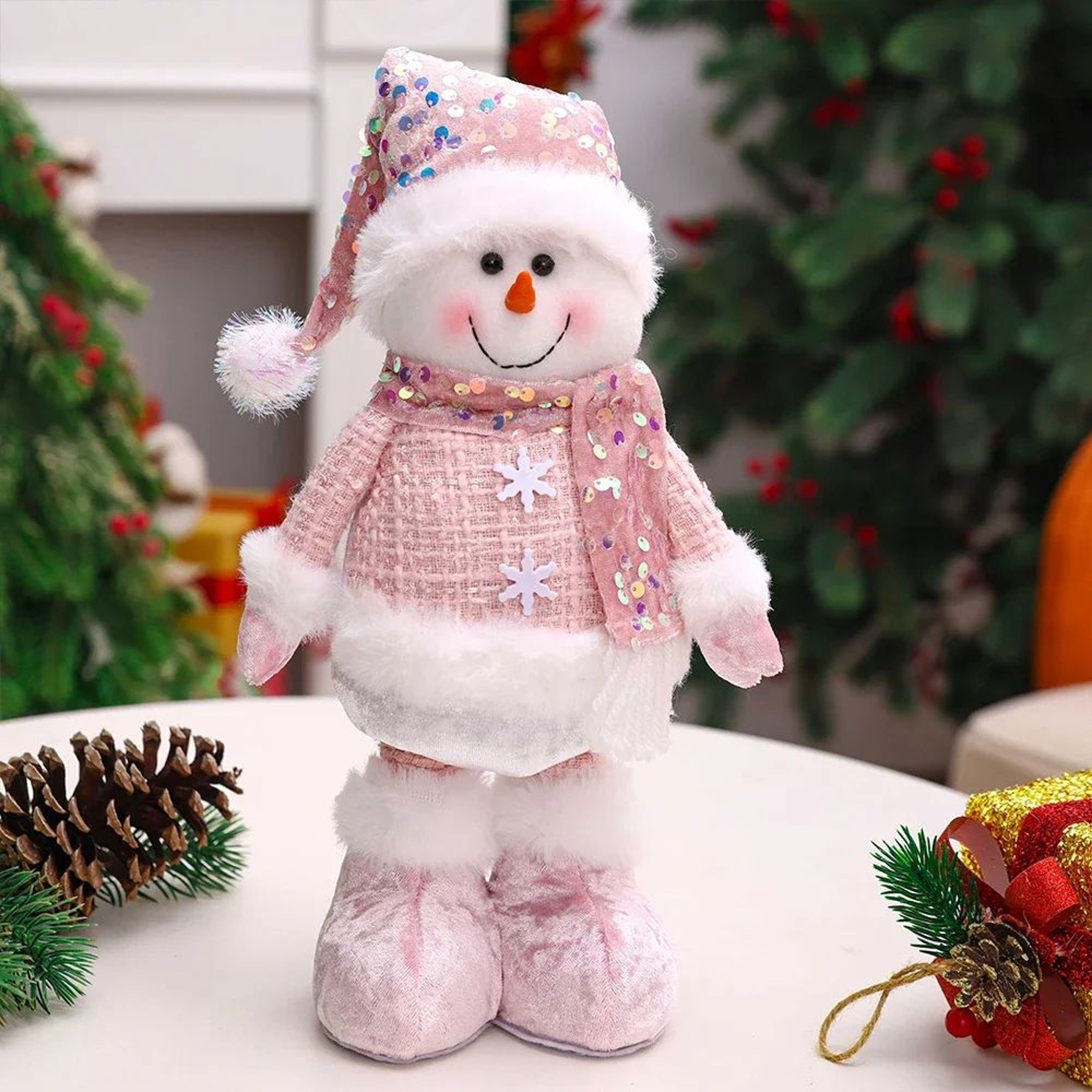 Pink Sequin Telescopic Christmas Doll  SantaSnowmanReindeer Plush Tabletop Decor 10