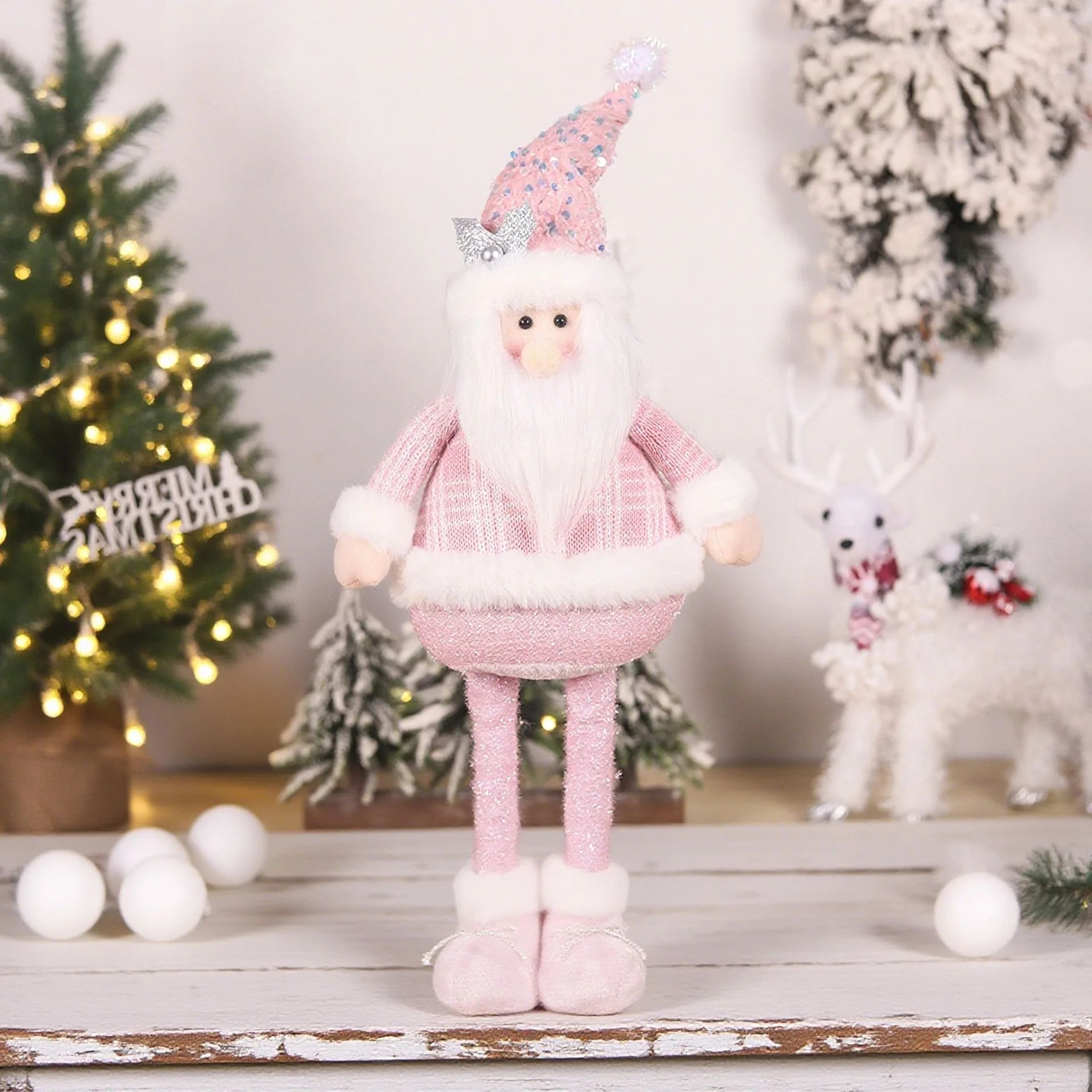 Pink Sequin Telescopic Christmas Doll  SantaSnowmanReindeer Plush Tabletop Decor 7