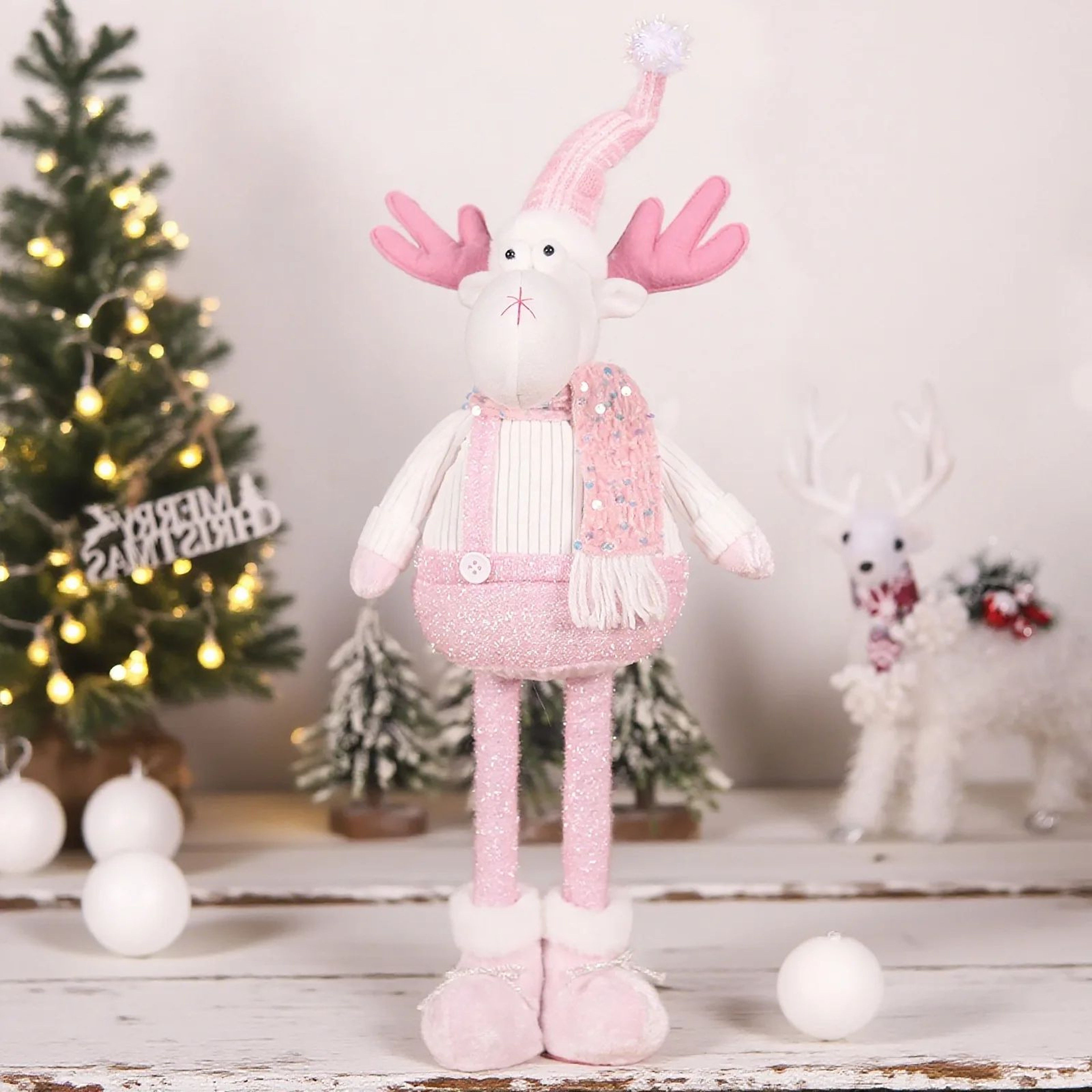 Pink Sequin Telescopic Christmas Doll  SantaSnowmanReindeer Plush Tabletop Decor 9