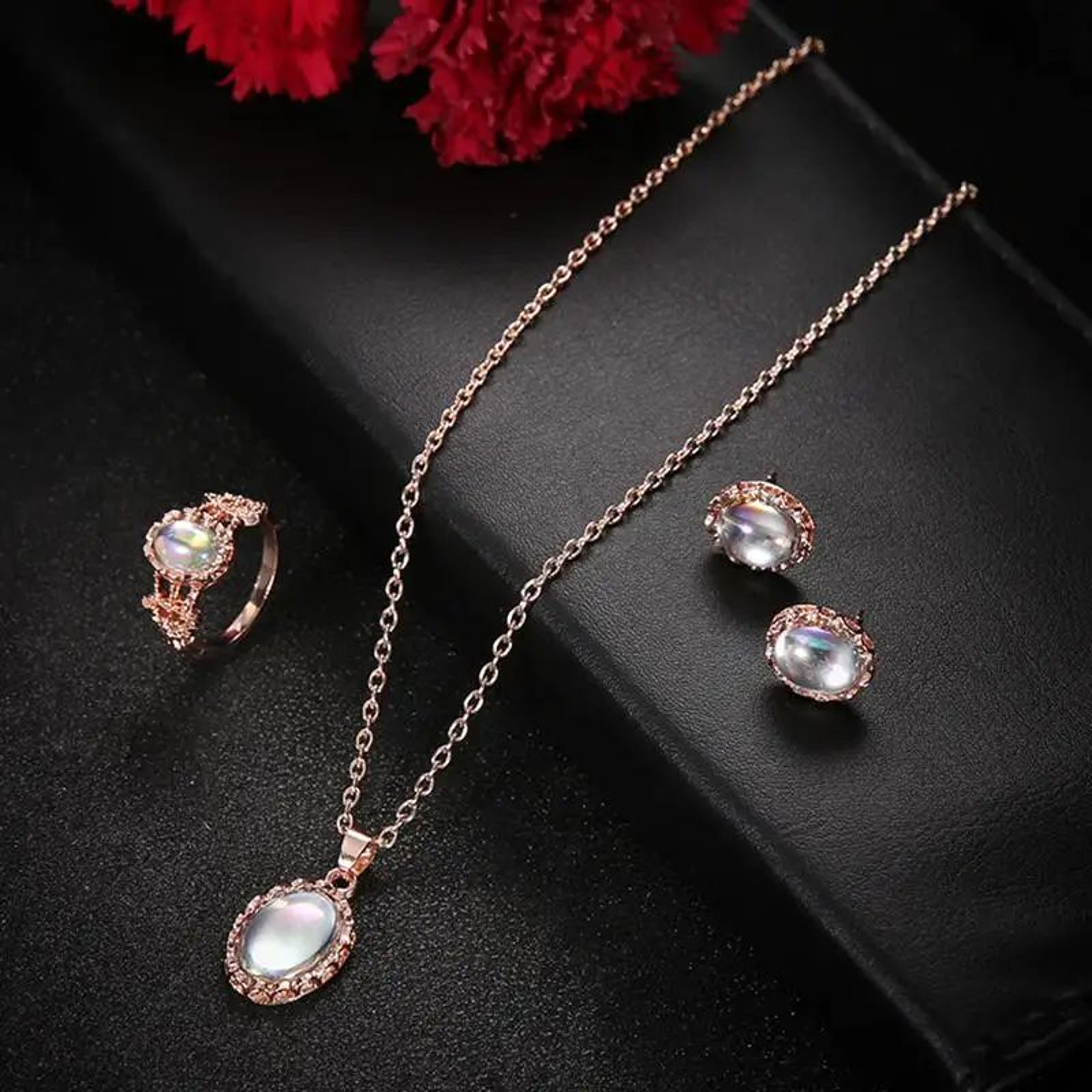 Natural Opal Jewelry Set 3Piece Matching Pendant Necklace Earrings  Ring  Elegant Gemstone Gift Set 2