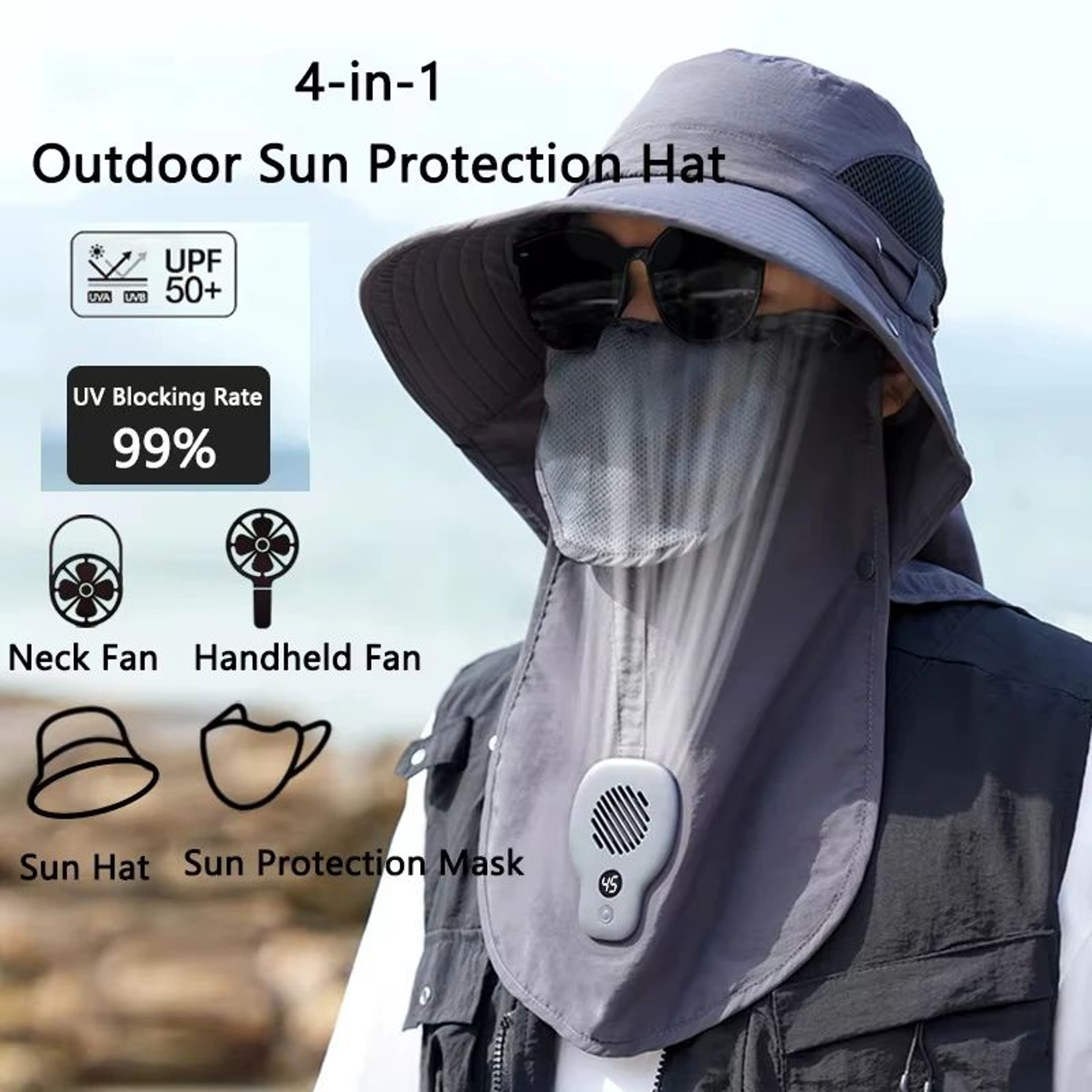 BreezeGuard Wide Brim Sun Hat With Fan  Neck Flap  UV Cooling Outdoor Fishing  Hiking Hat 0