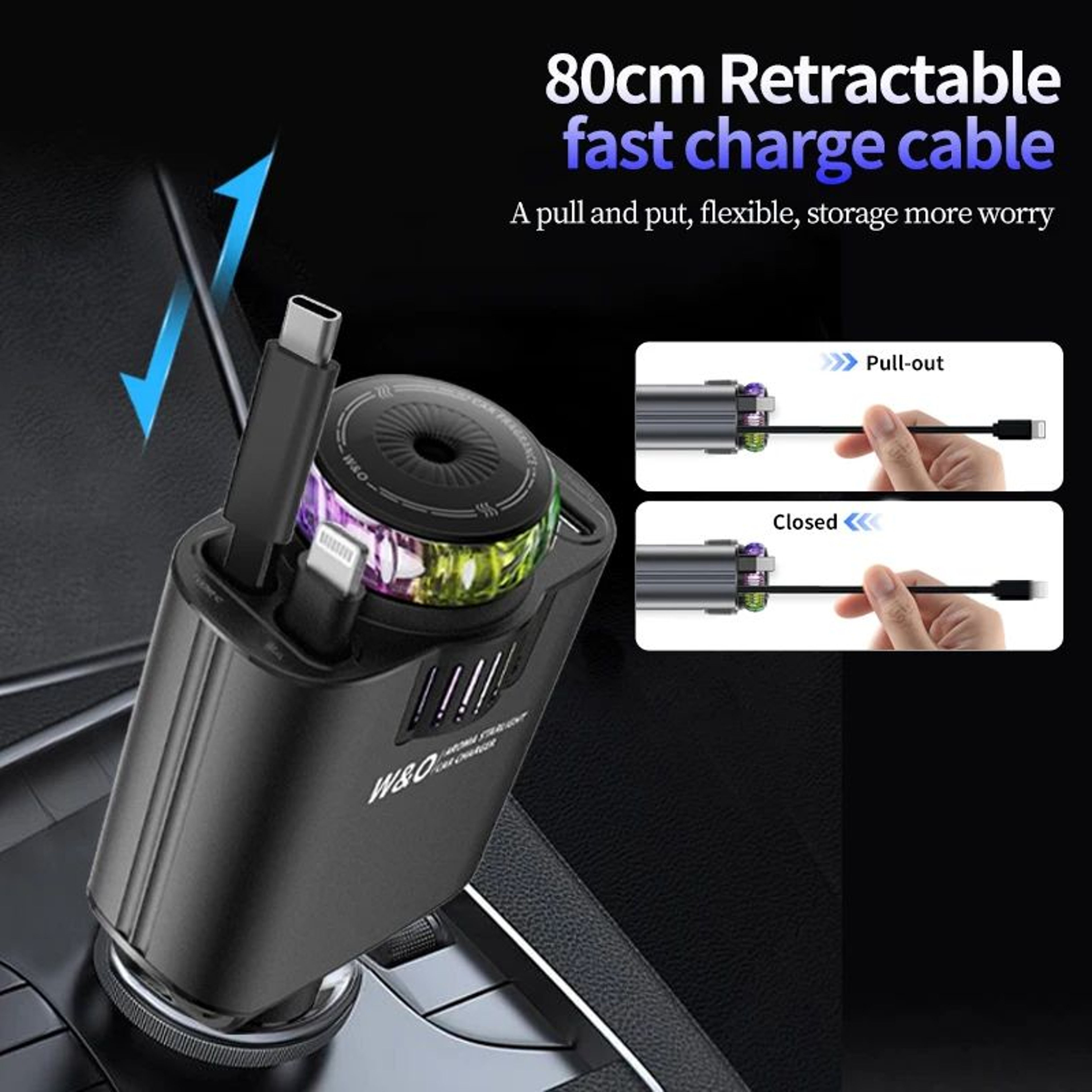 Retractable Car Charger 45W PD Fast Charger With USBC Starlight Roof Glow  Aromatherapy 2