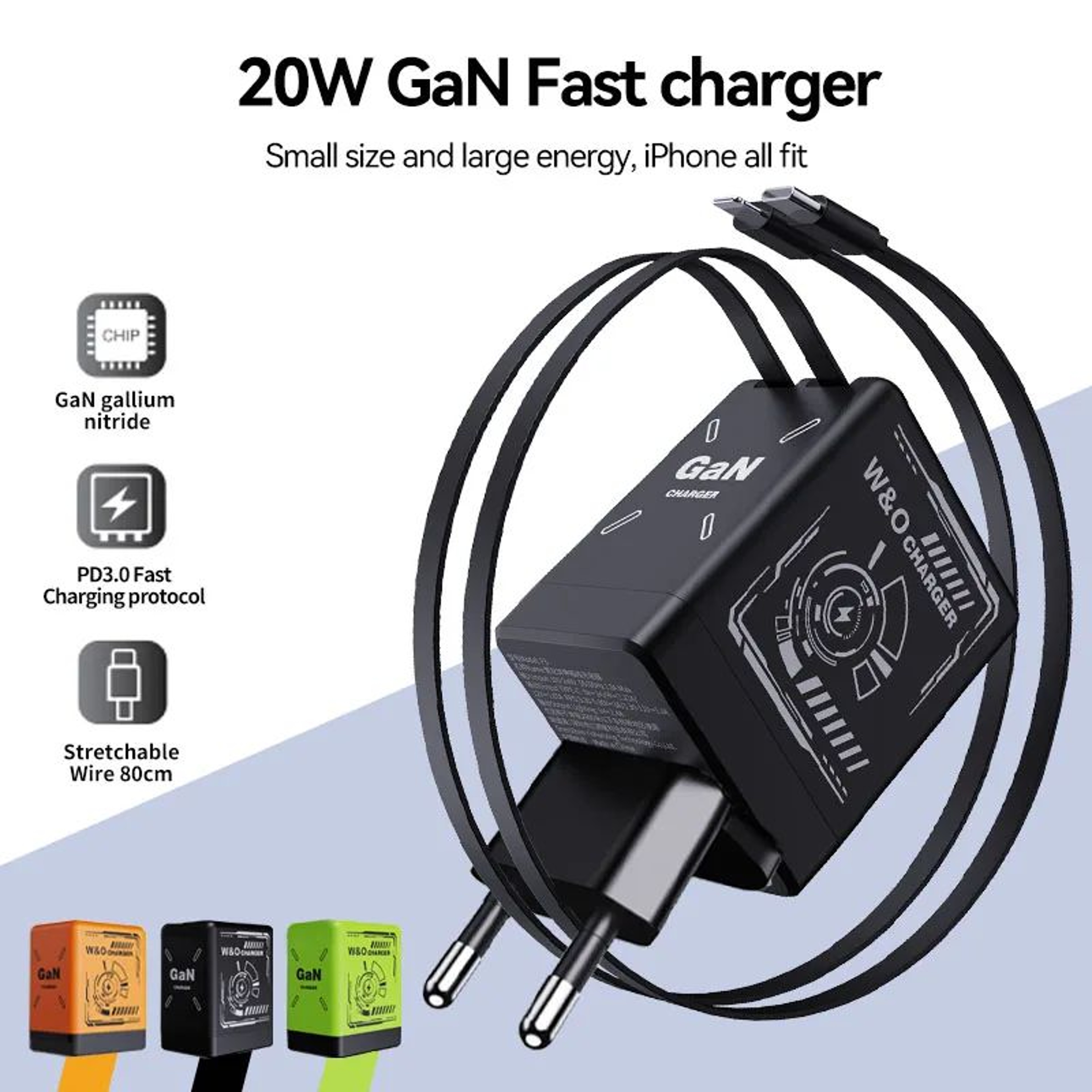 120W GaN Retractable Fast Charger With BuiltIn USBC  Lightning Cables  Compact MultiDevice Wall Ada 0
