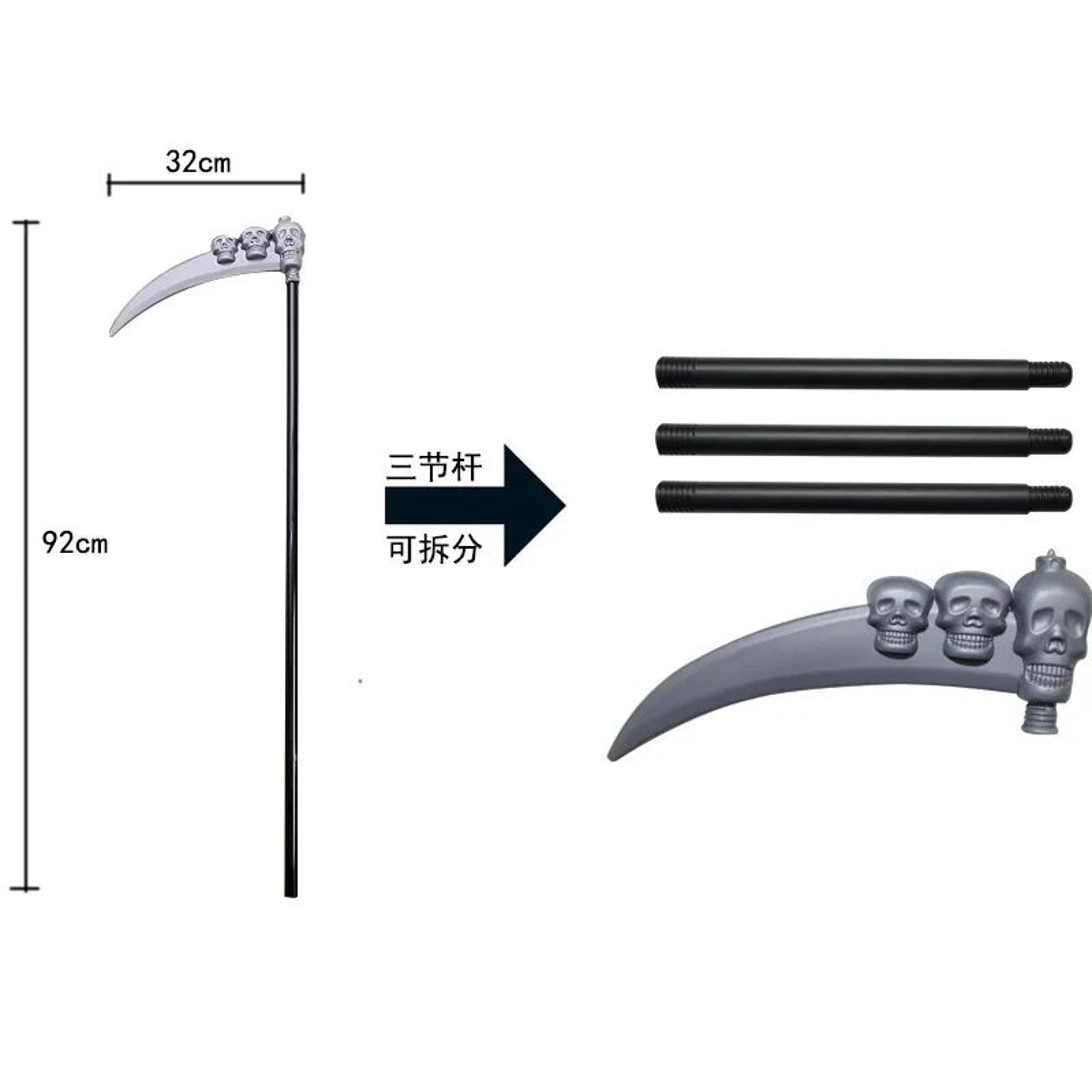 Grim Reaper Costume Set With Hooded Black Cloak  Skeleton Prop  Halloween Cosplay For Kids  Adults 2
