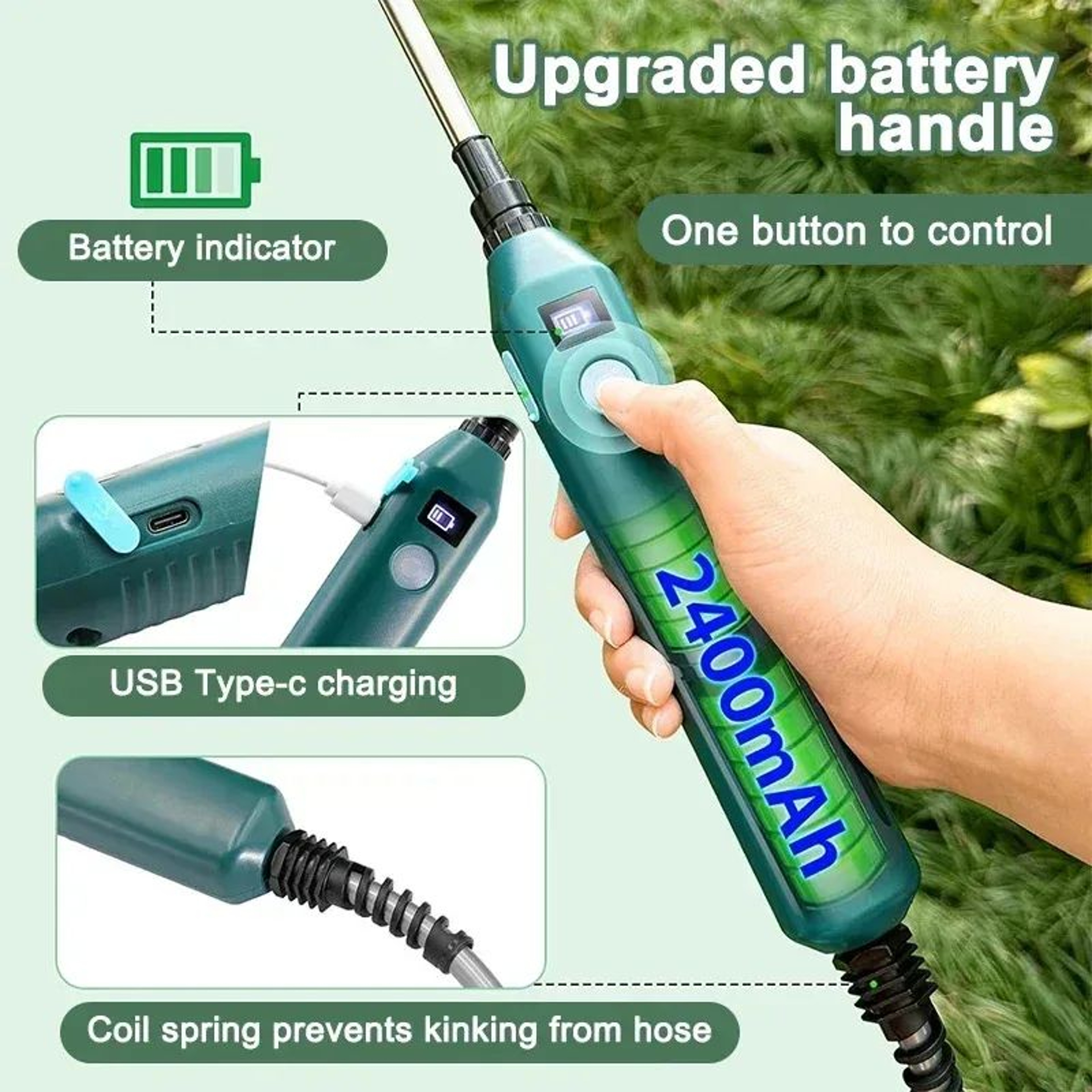HighPressure Electric Garden Sprayer 2400mAh With 3 Nozzles  Telescopic Wand 1