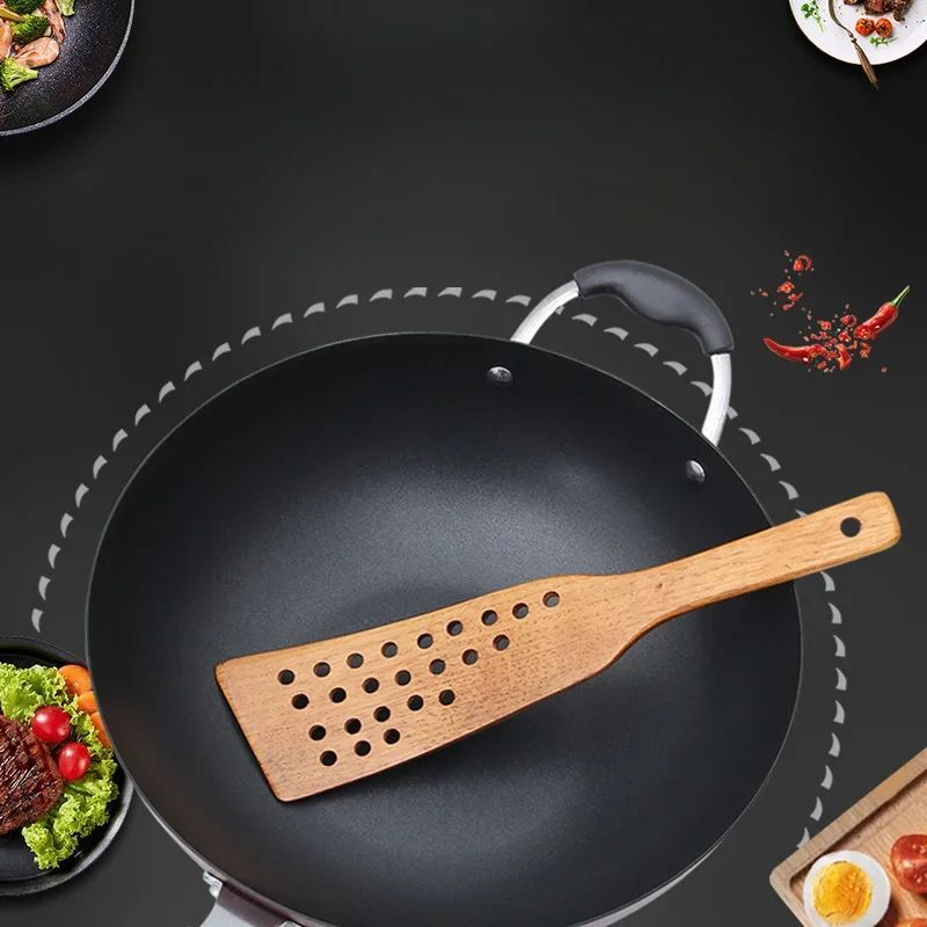 24Hole Wooden Slotted Spatula For Nonstick Pans  HeatSafe Wok  Frying Turner 4