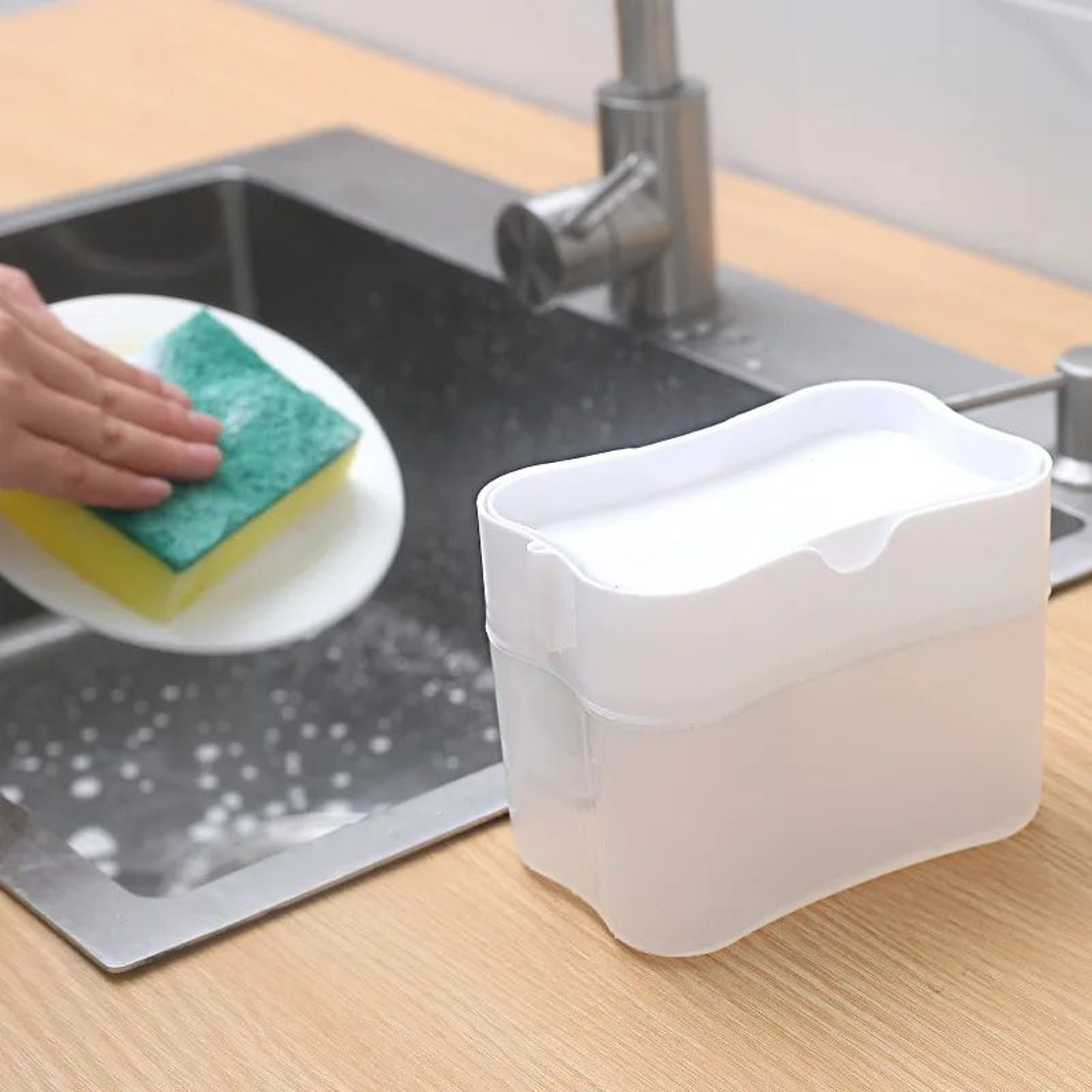 Metallic Silver Kitchen Sink Soap Dispenser With Sponge Holder SpaceSaving Soap Pump Caddy 0