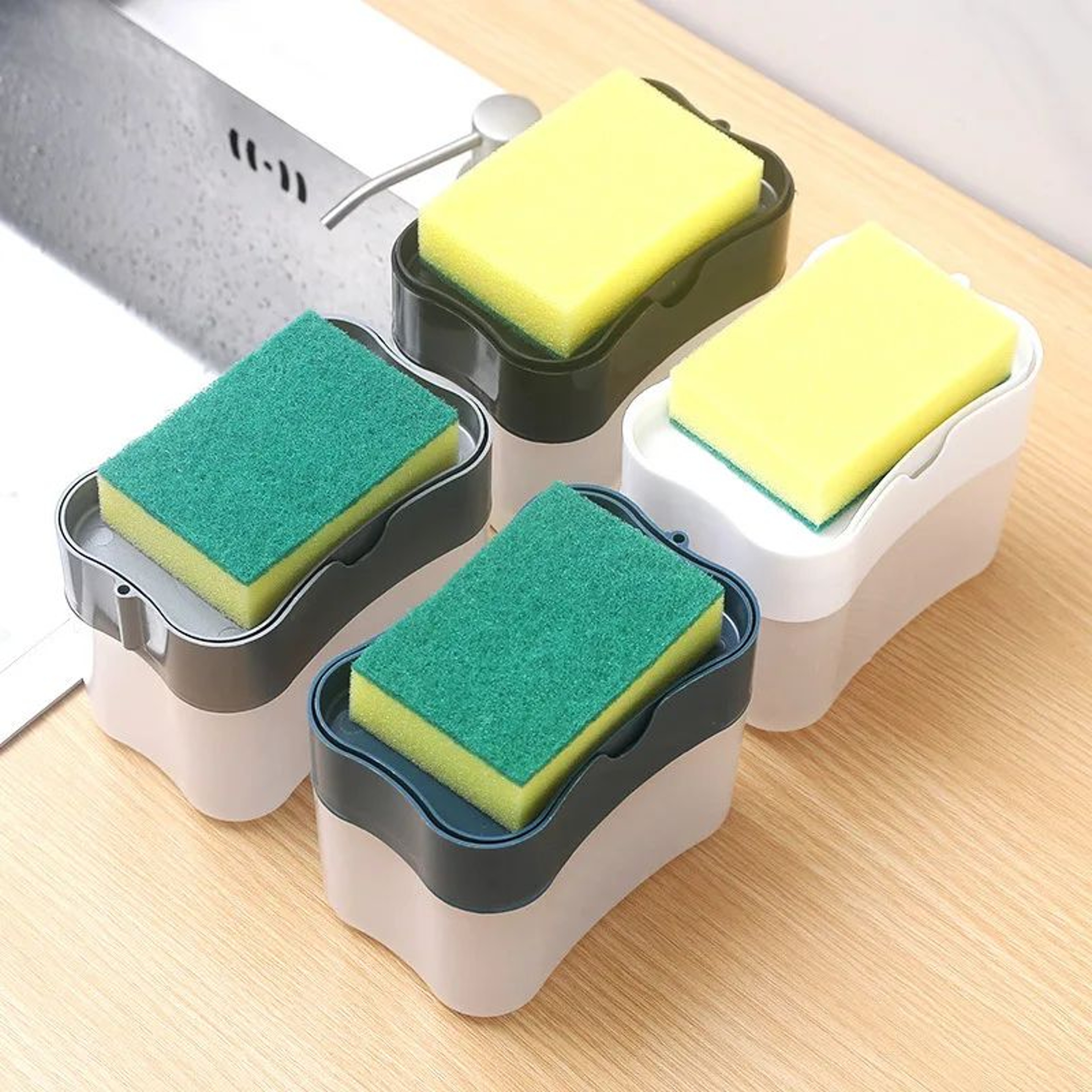 Metallic Silver Kitchen Sink Soap Dispenser With Sponge Holder SpaceSaving Soap Pump Caddy 3