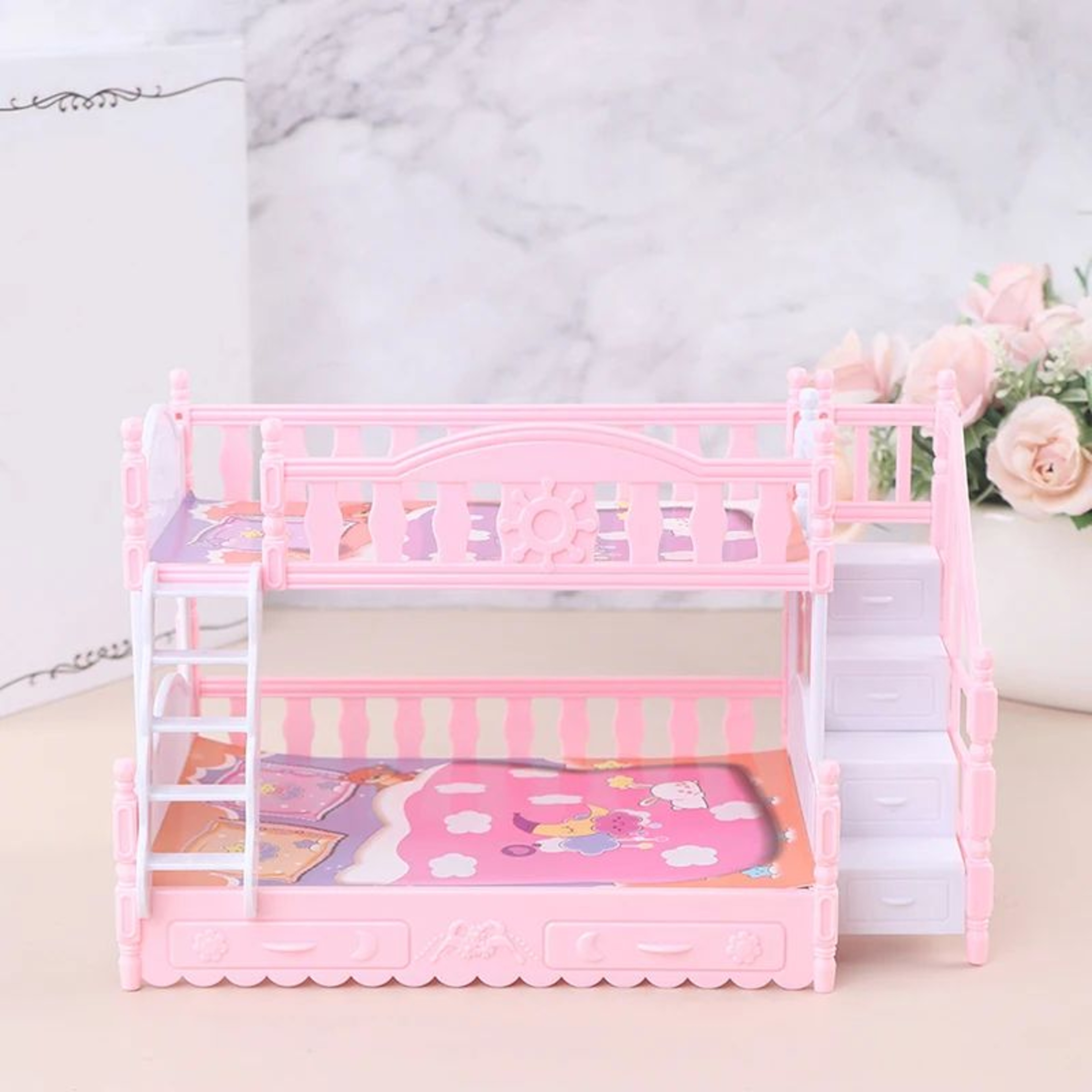 European Style Dollhouse Bunk Bed With Ladder  Mini Double Bed Miniature Doll Furniture For Dollhou 1