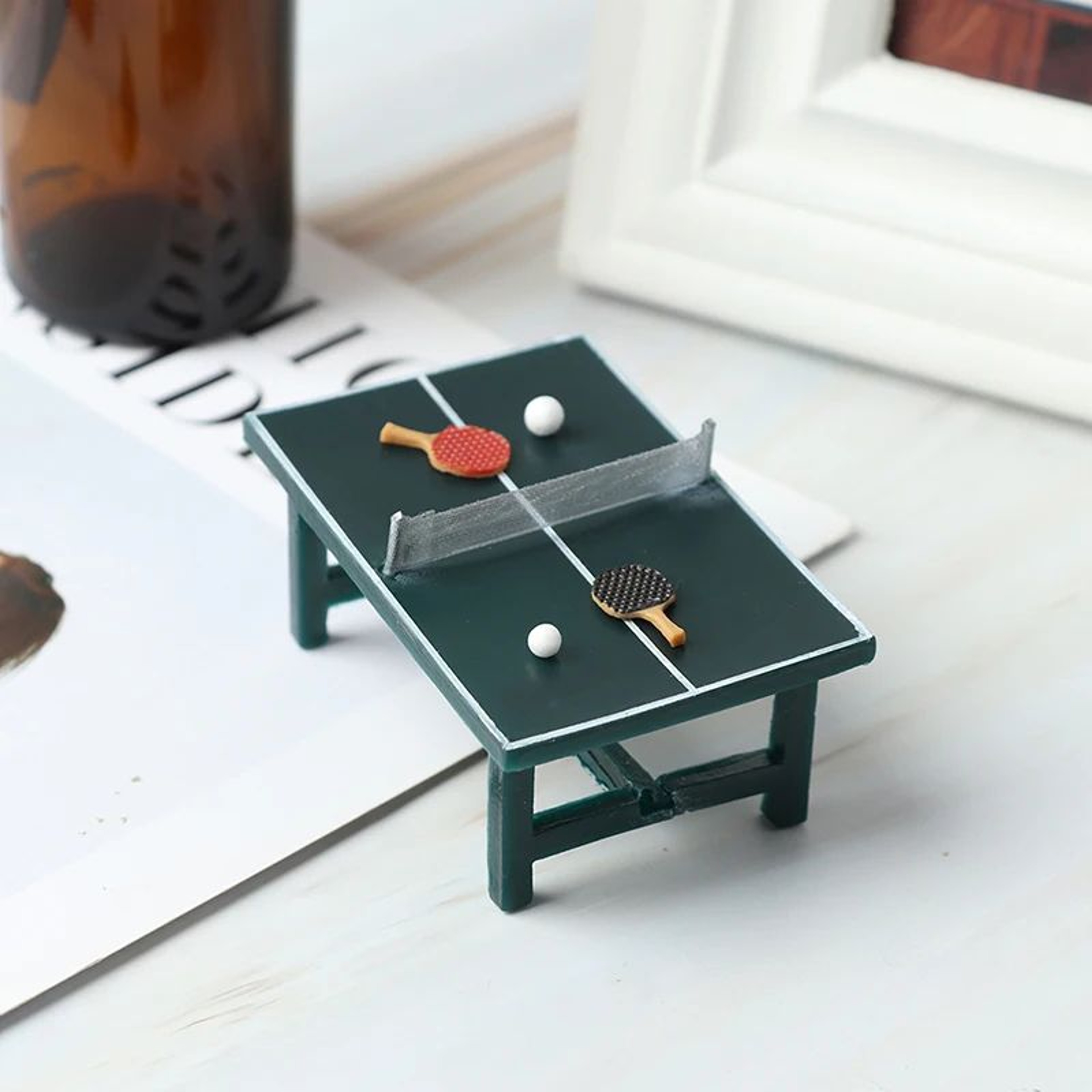112 Miniature Ping Pong Table Set With Net Balls  Rackets  Dollhouse Sports Room Decor 0