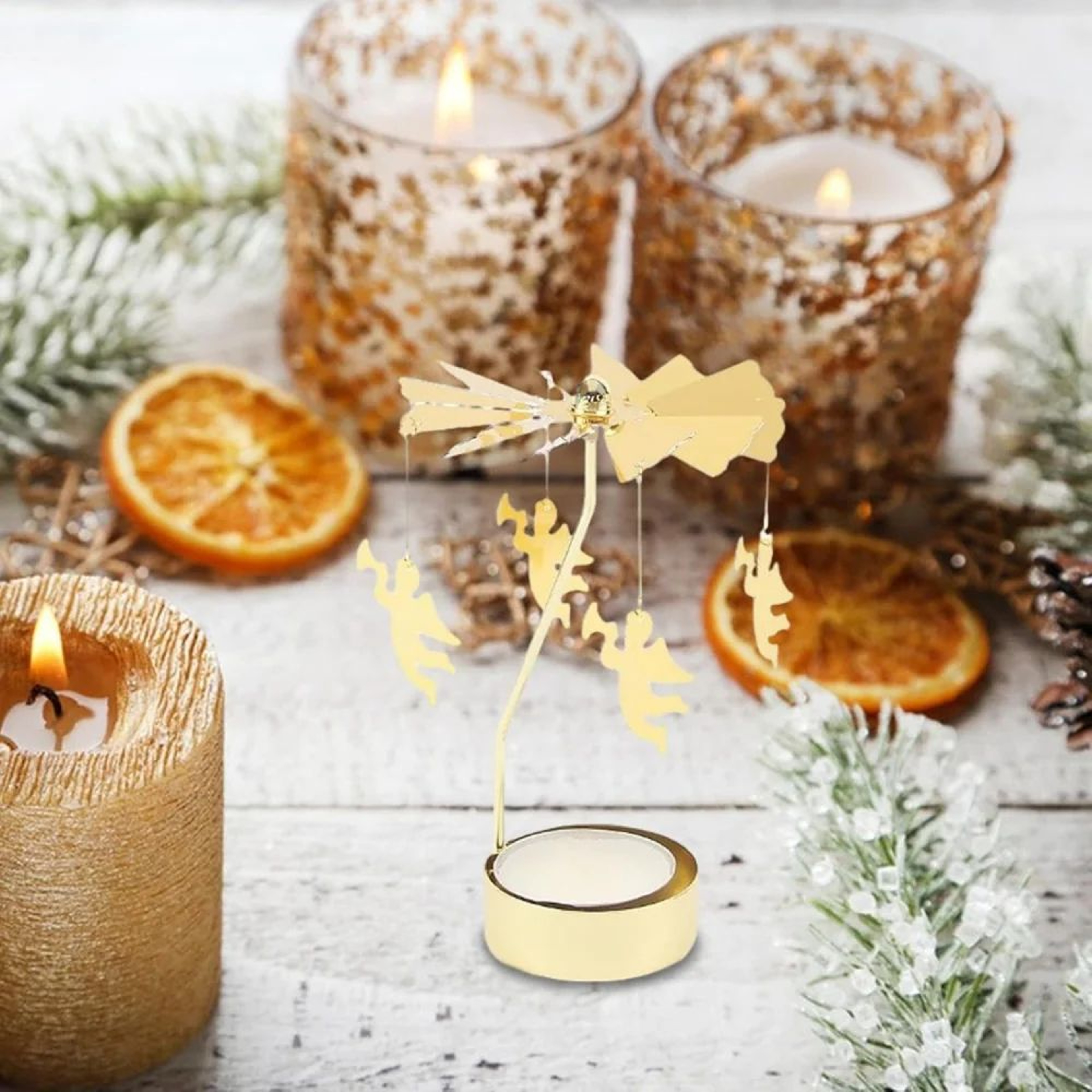 Rotating Christmas Tea Light Candle Holder  Gold Metal Candle Carousel Centerpiece 0