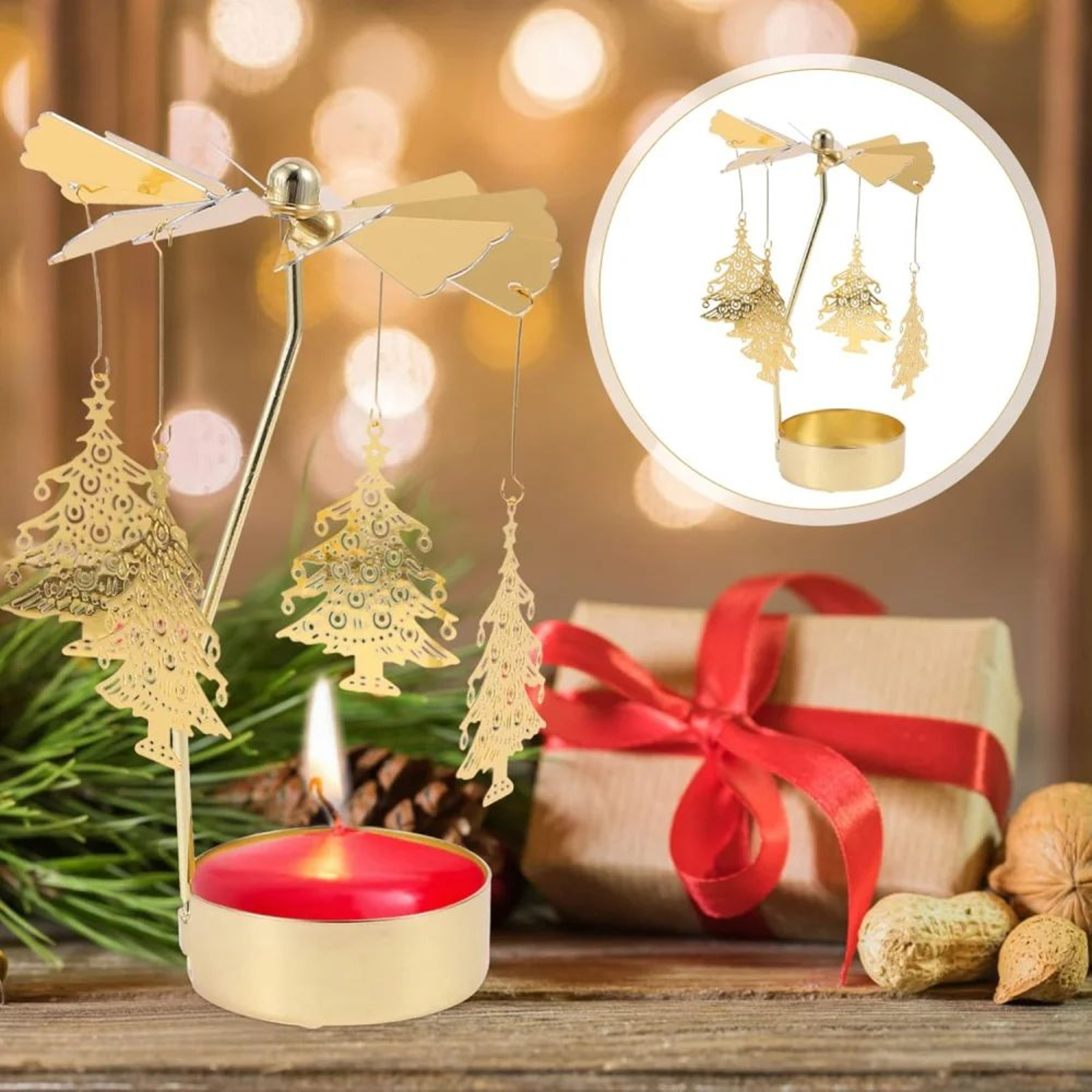 Rotating Christmas Tea Light Candle Holder  Gold Metal Candle Carousel Centerpiece 4