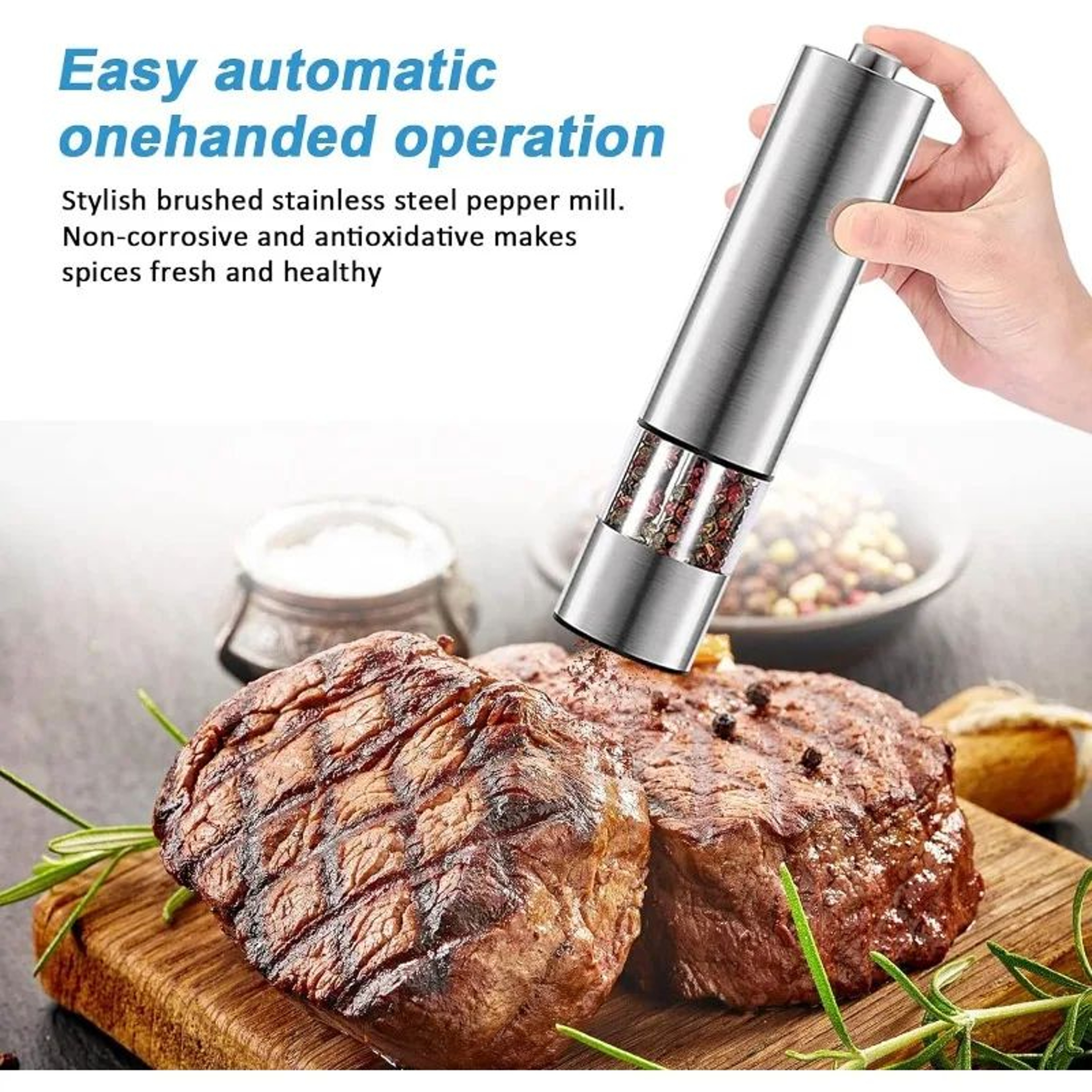 Stainless Steel Electric Salt And Pepper Grinder Set  OneHanded Automatic Mills With LED Light  2pc 2