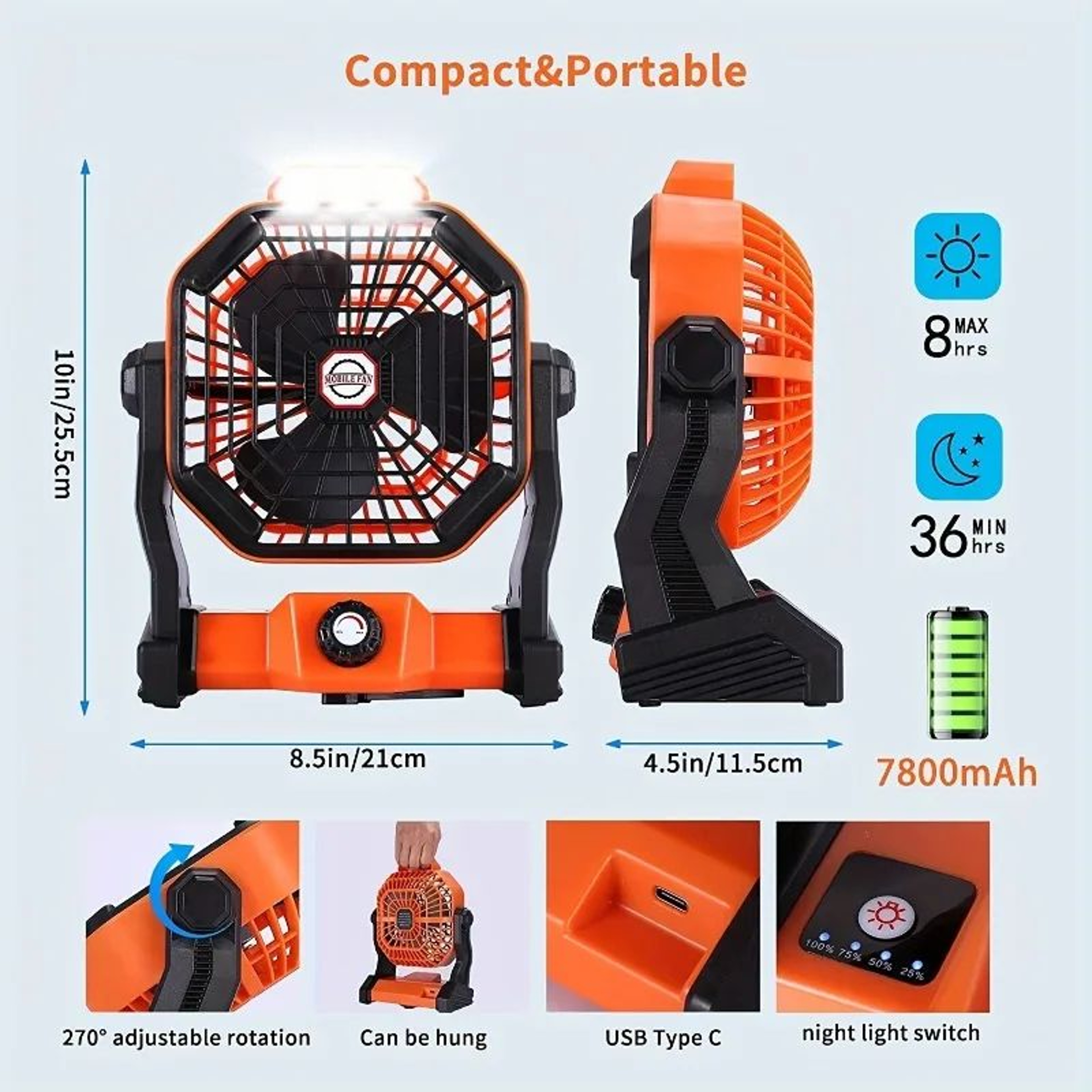Stay Cool Anywhere Portable USB Fan With Infinite Speed Control Rechargeable Battery  LED Light 5