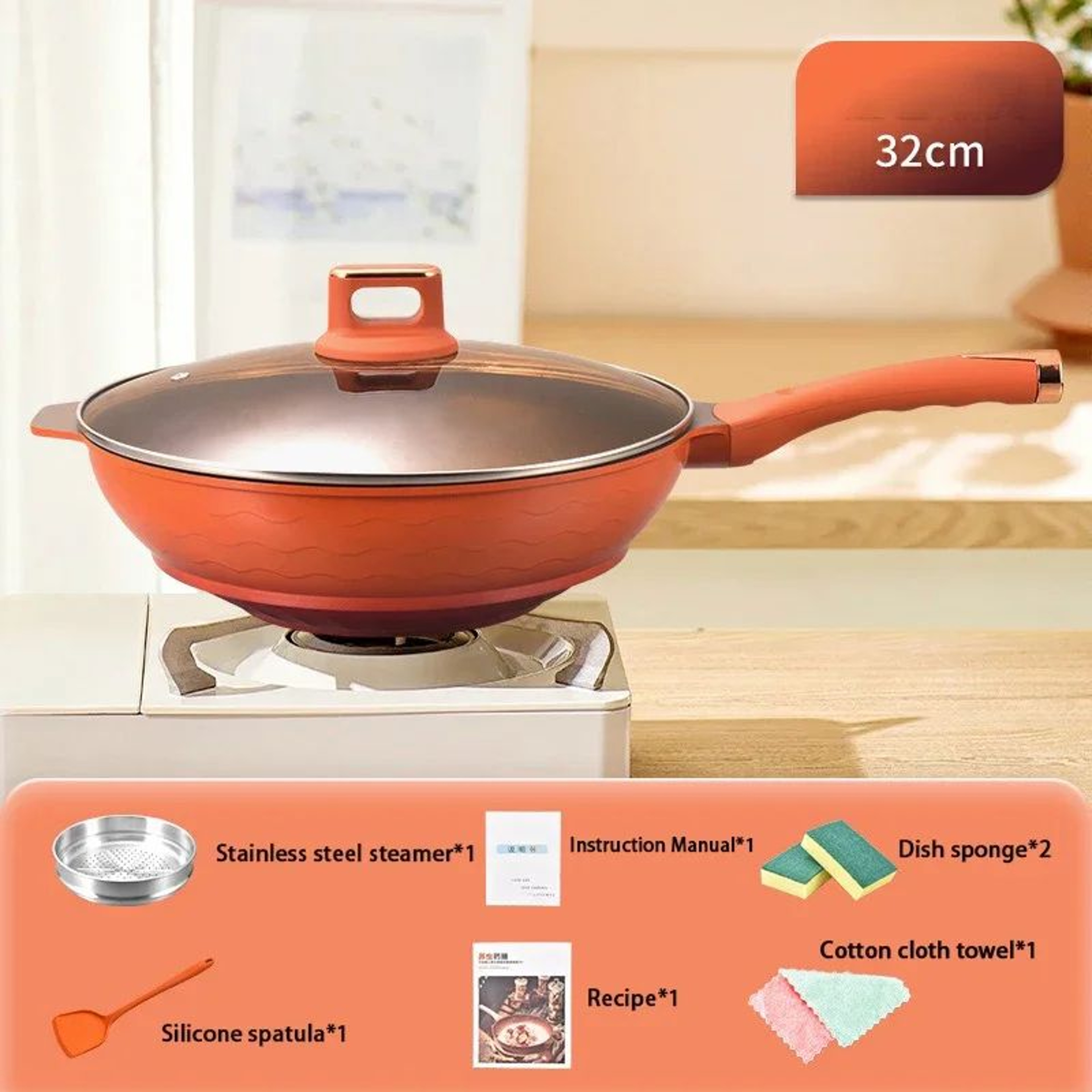 Giyoca TitaniumGold Nonstick Wok Pan With Composite Bottom  Glass Lid  Premium Everyday Frying Skil 7