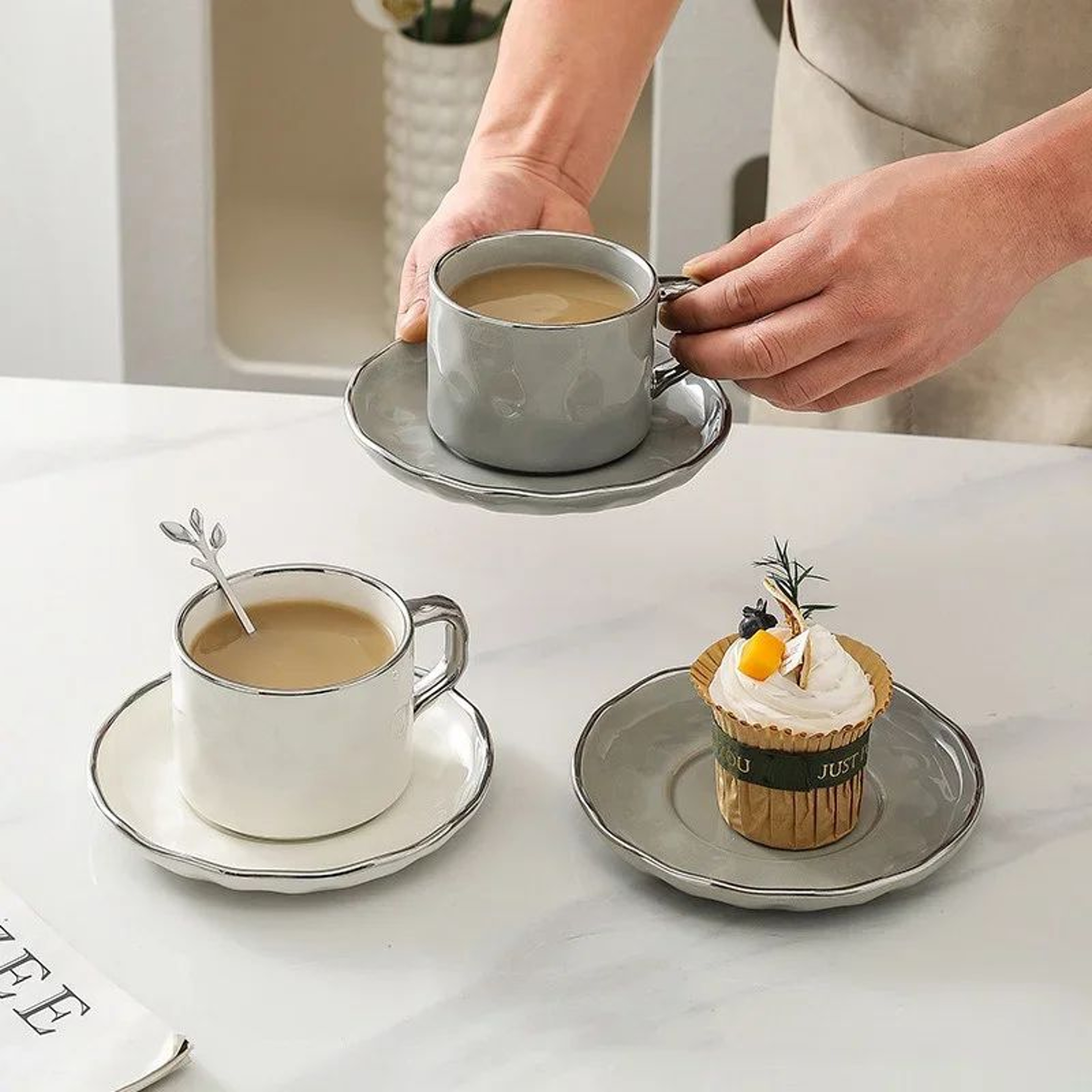 European Style Ceramic Coffee Cup  Saucer Set 230ml With Spoon  Elegant Solid Color Tea  Milk Mug 5