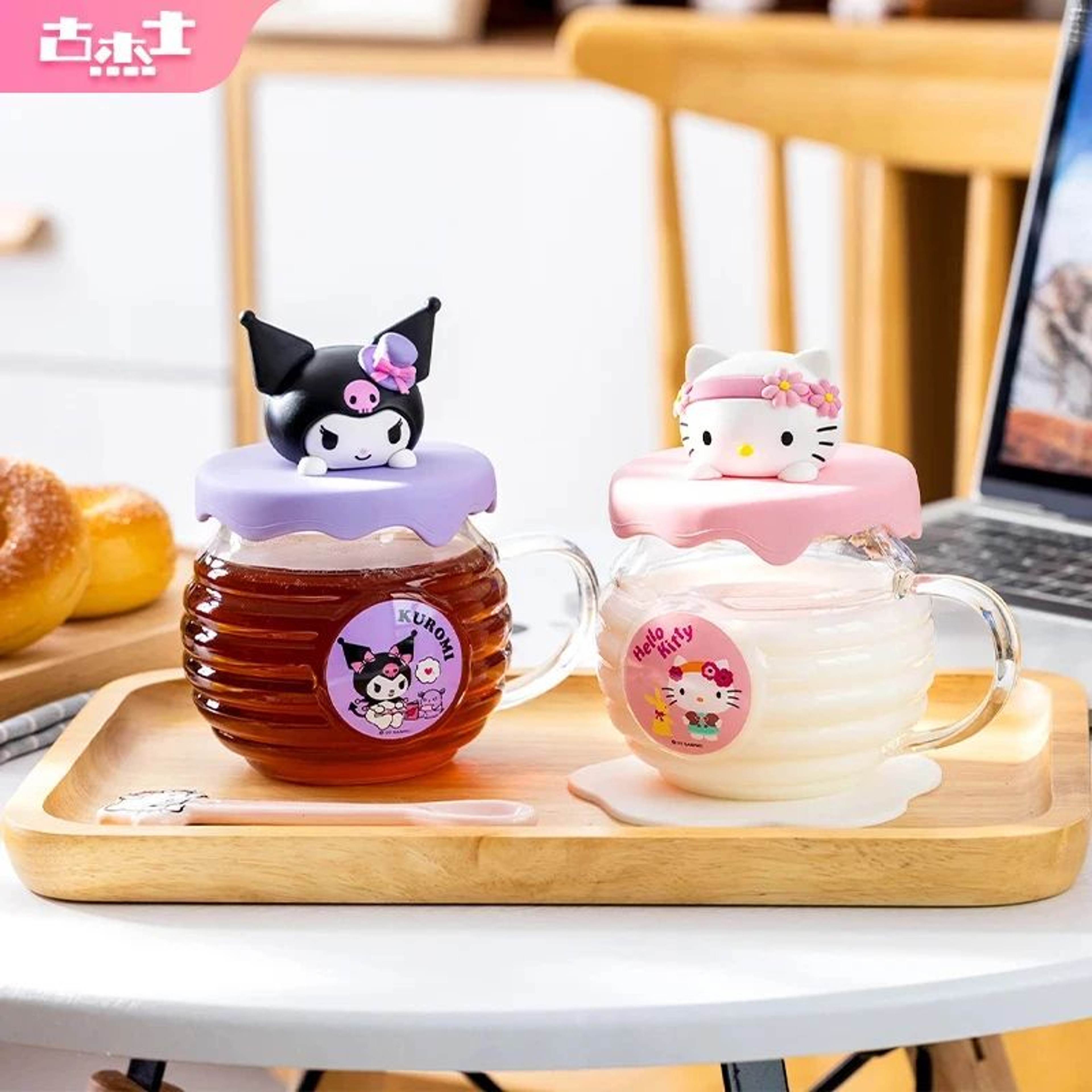Sanrio Hello Kitty  Kuromi HoneyCan Shaped 420ML Glass Cup With Silicone Lid  Cute Kids Water  Drin 0