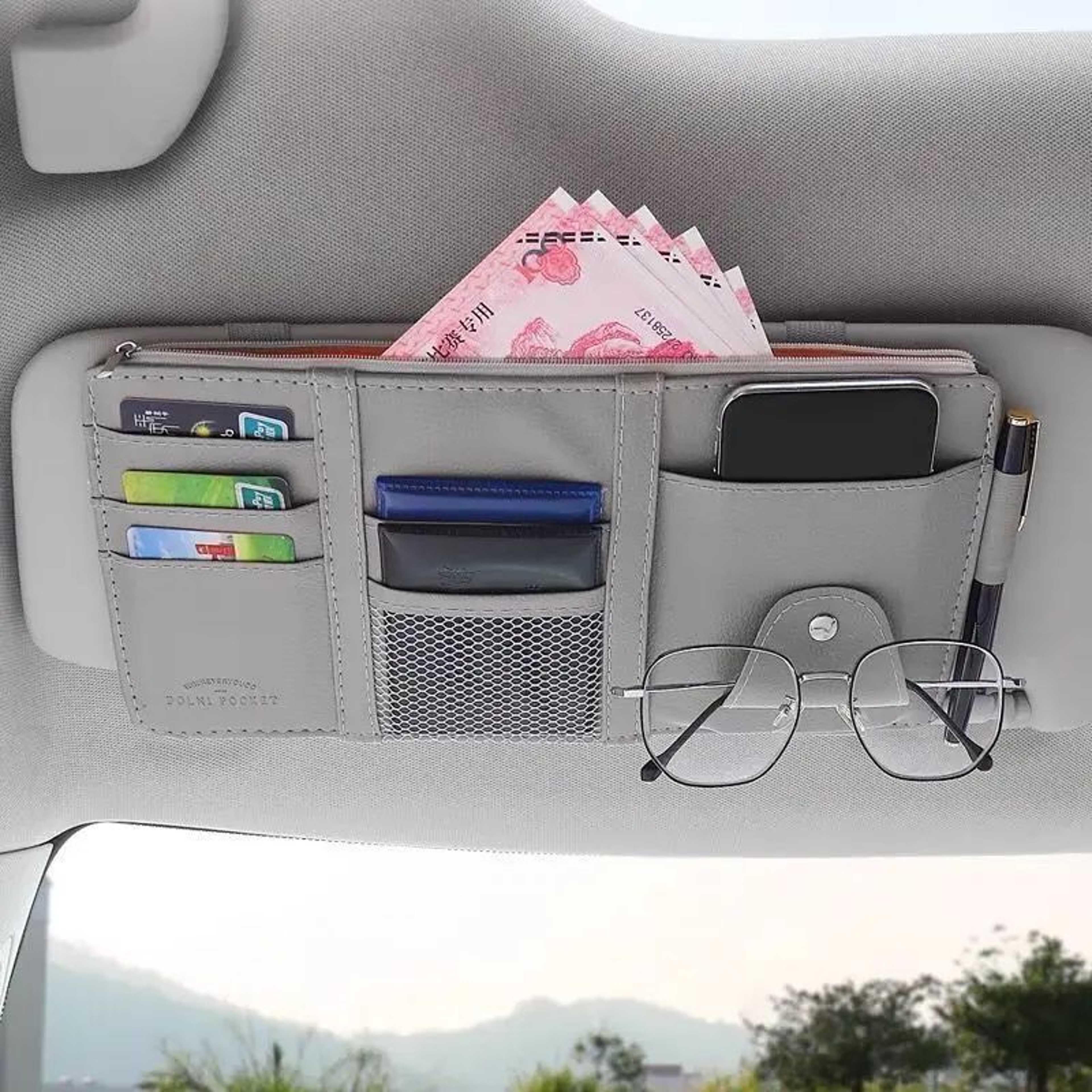 Car Sun Visor Organizer Pouch With Sunglasses Holder  Card Slots License Tickets Receipts 0