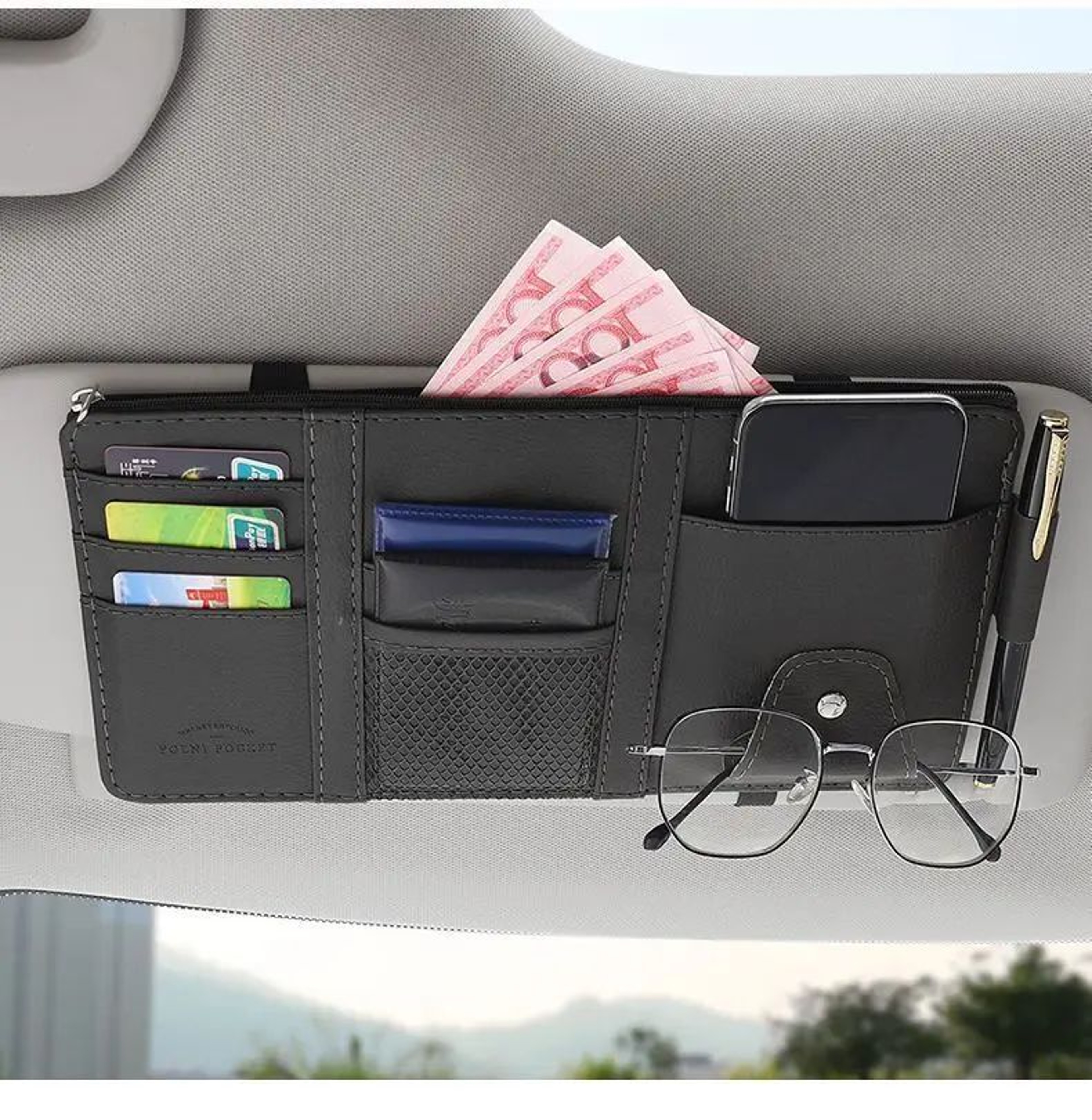 Car Sun Visor Organizer Pouch With Sunglasses Holder  Card Slots License Tickets Receipts 3