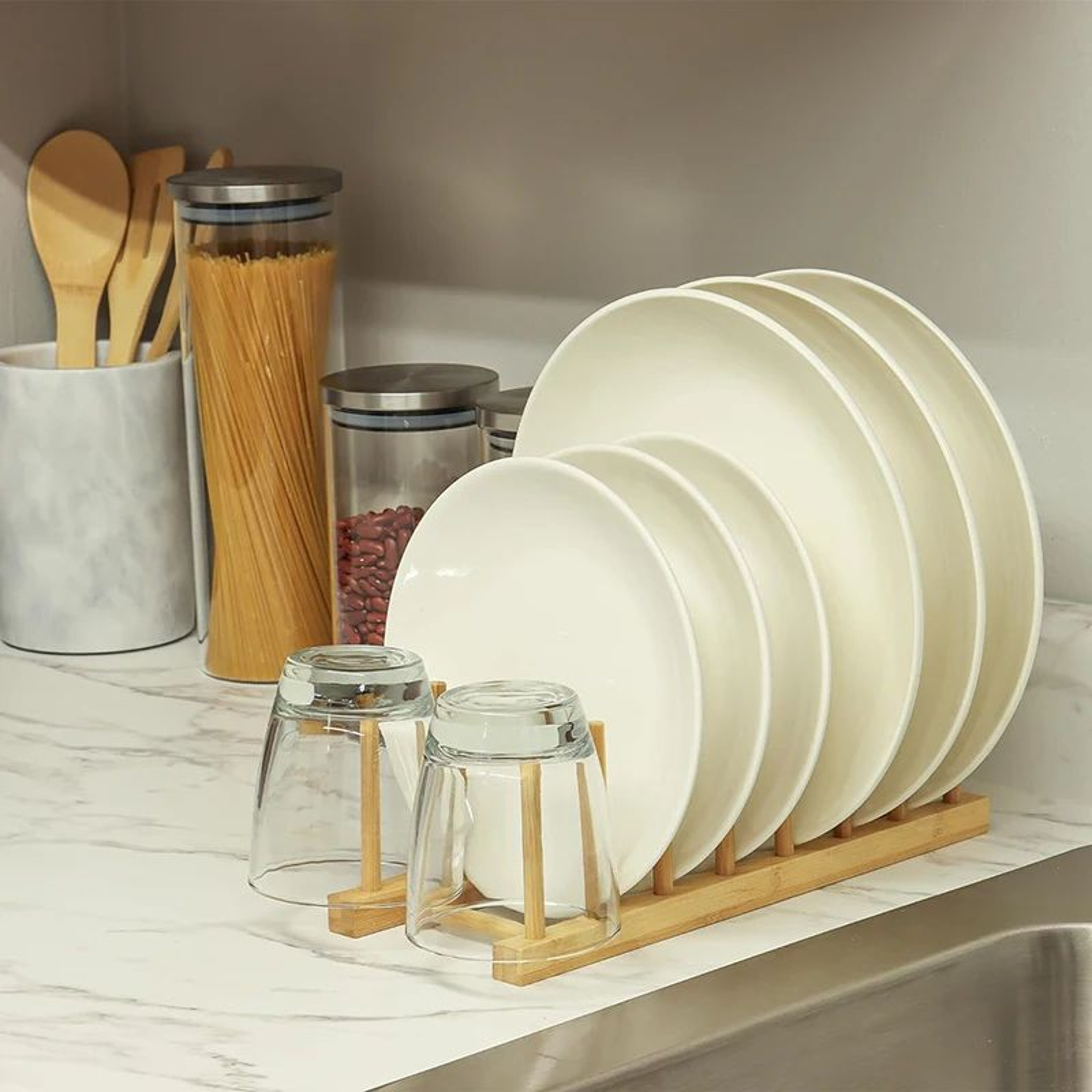 Bamboo Dish Drying Rack Organizer  Plate Drying Rack With Cup  Pan Lid Holder 1