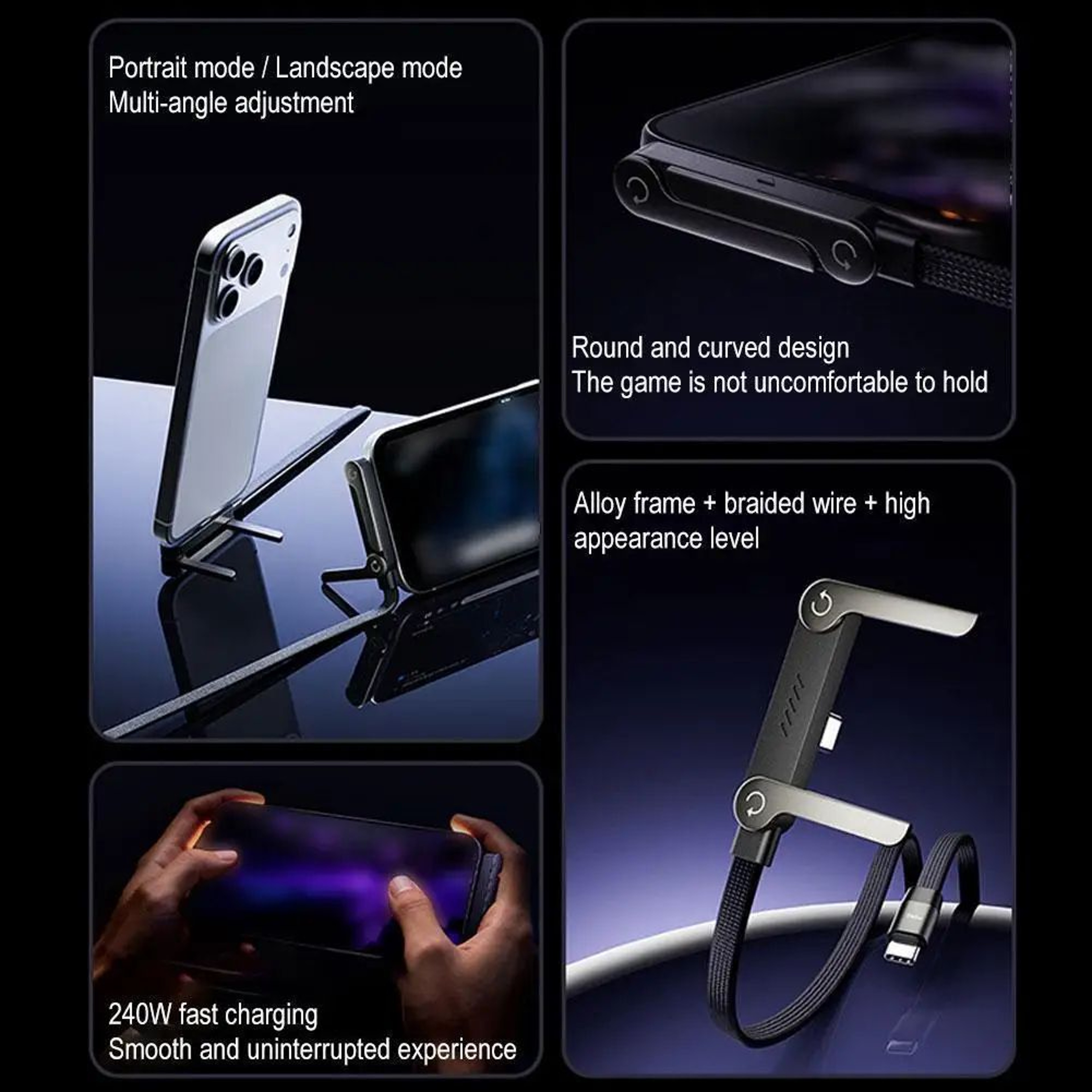 2in1 240W USBC Fast Charging Cable With Foldable Phone Stand Braided 15m 3