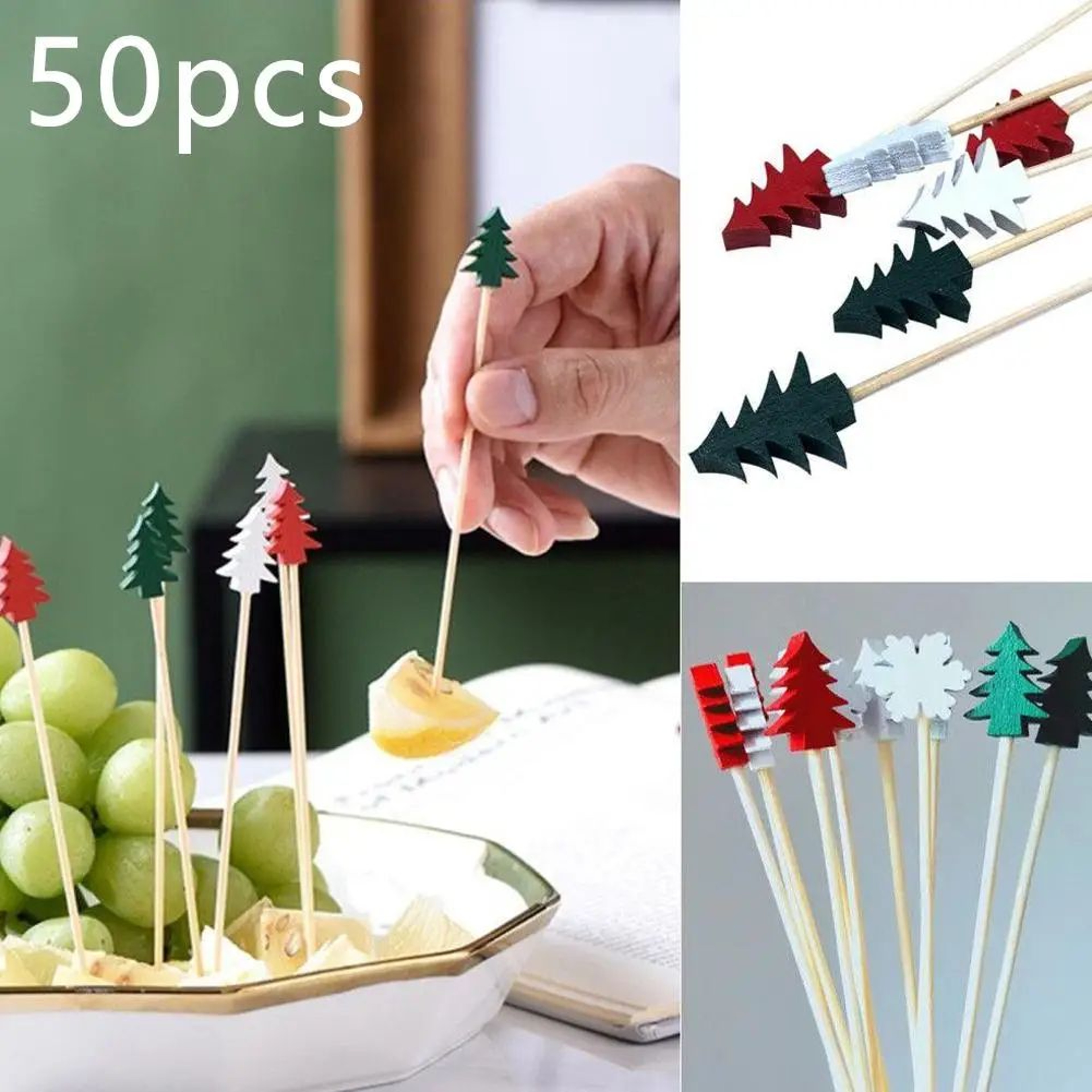 50Piece Christmas Fruit Picks Bamboo Party Fork Set With Santa Snowflake Tree  Reindeer Designs 1