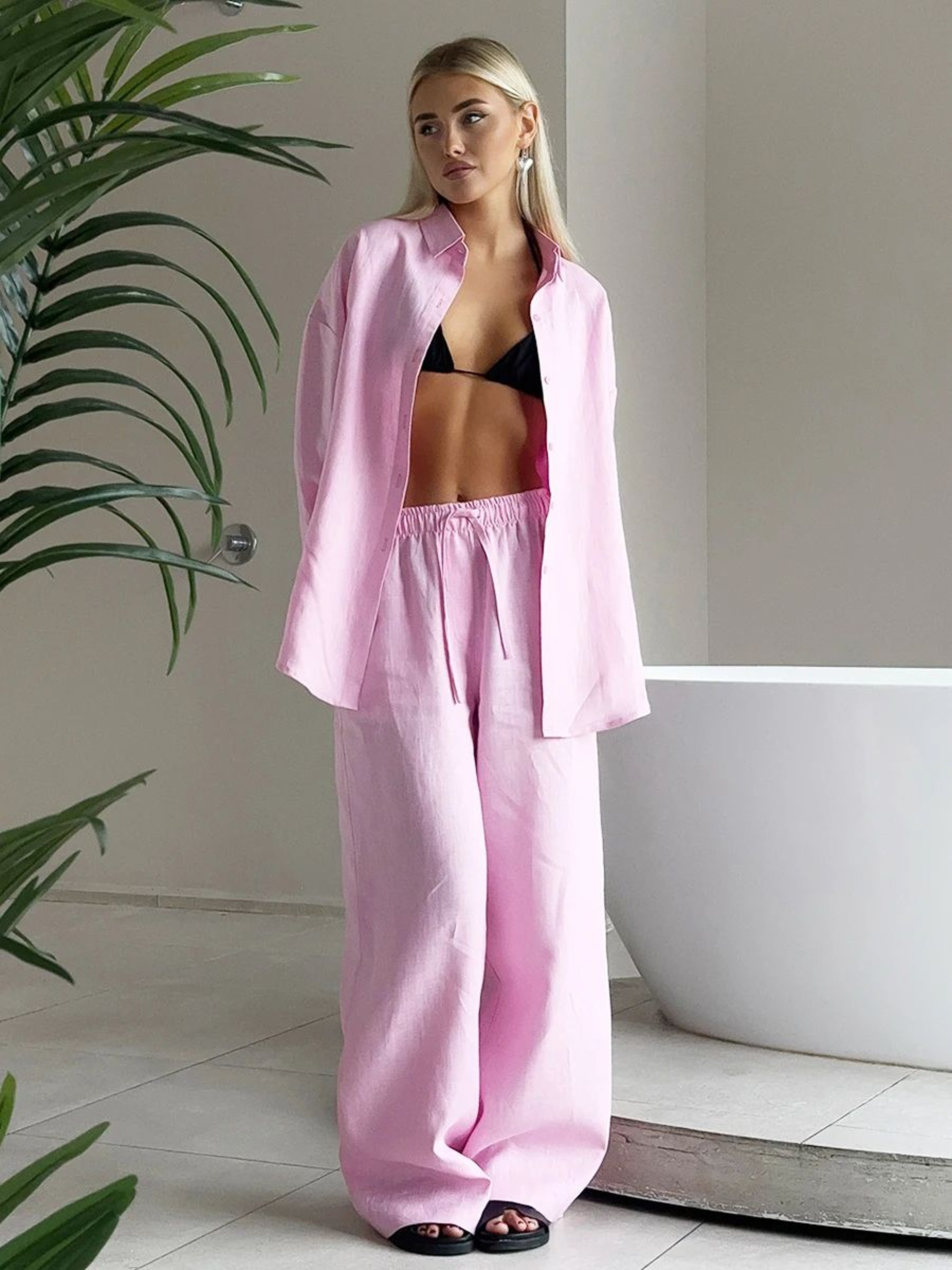 Bornladies Womens Wide Leg Pants Set - Lapel Long-Sleeve Shirt, Elastic High-Waist Trousers (Womens 2 Piece Pants Set) – view 8