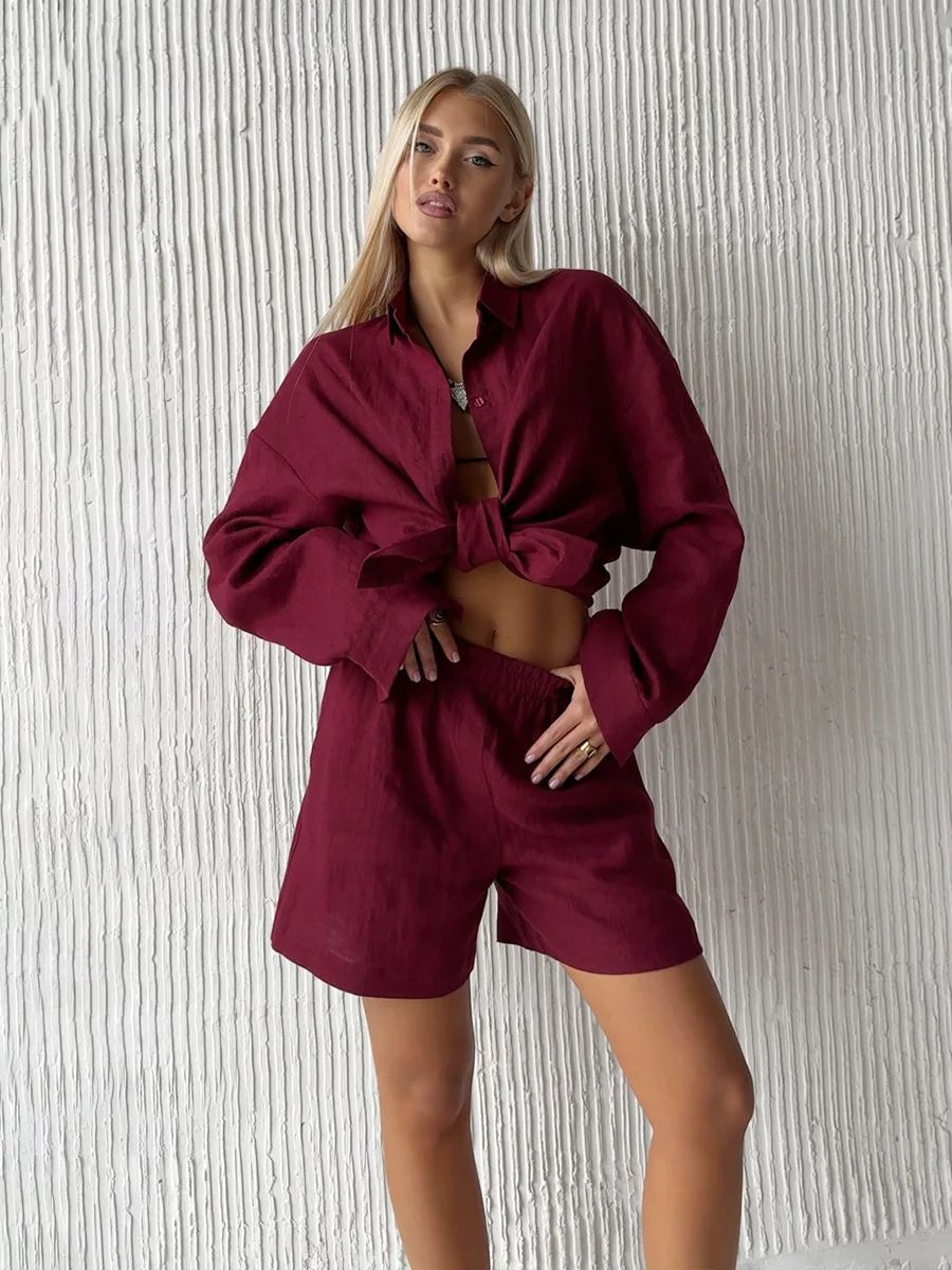 Bornladies Womens Wide Leg Pants Set  Lapel LongSleeve Shirt Elastic HighWaist Trousers Womens 2 Pi 6