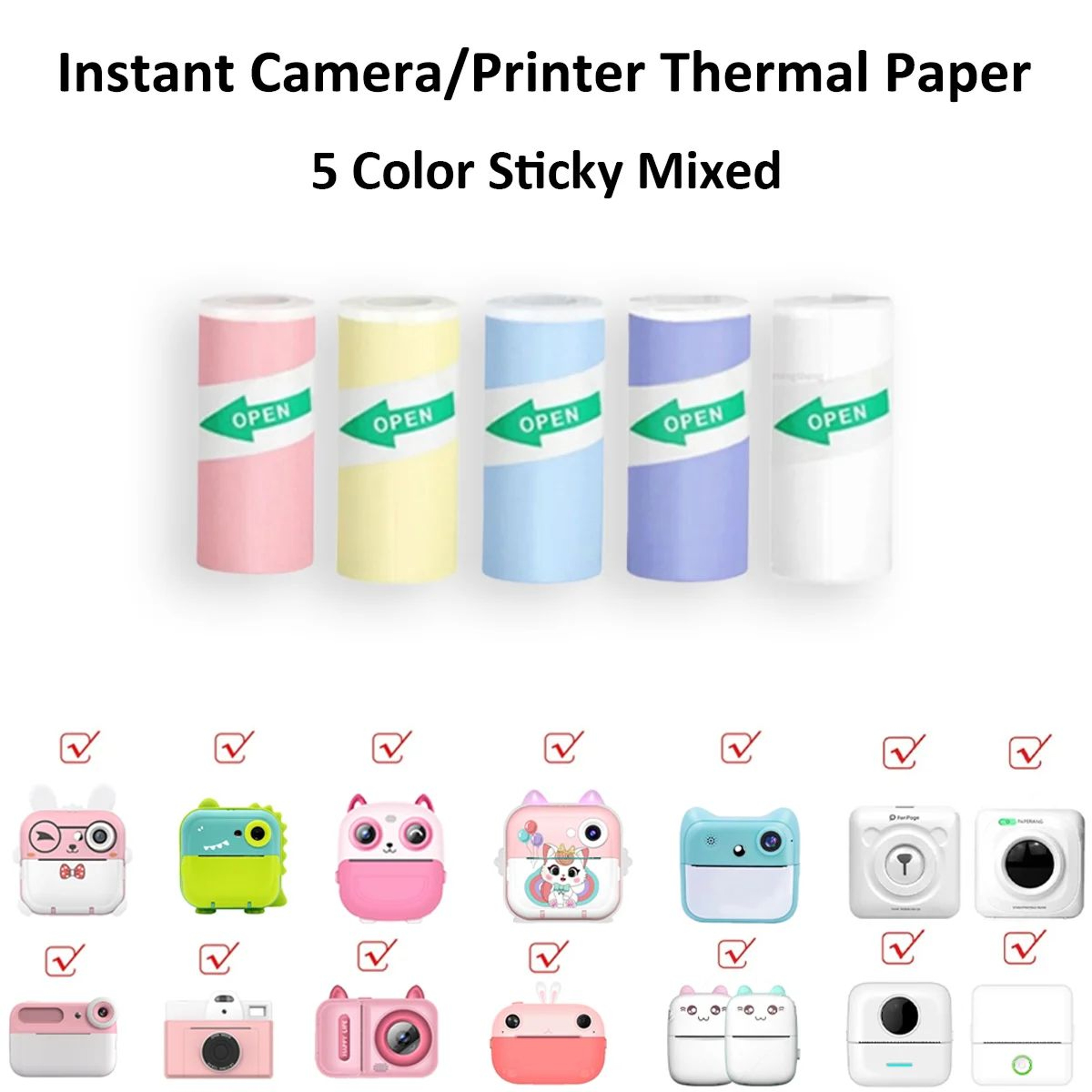 Kids Instant Camera Paper Refill Rolls 57x25mm BPA Free Thermal Printer Paper White NonAdhesive 15