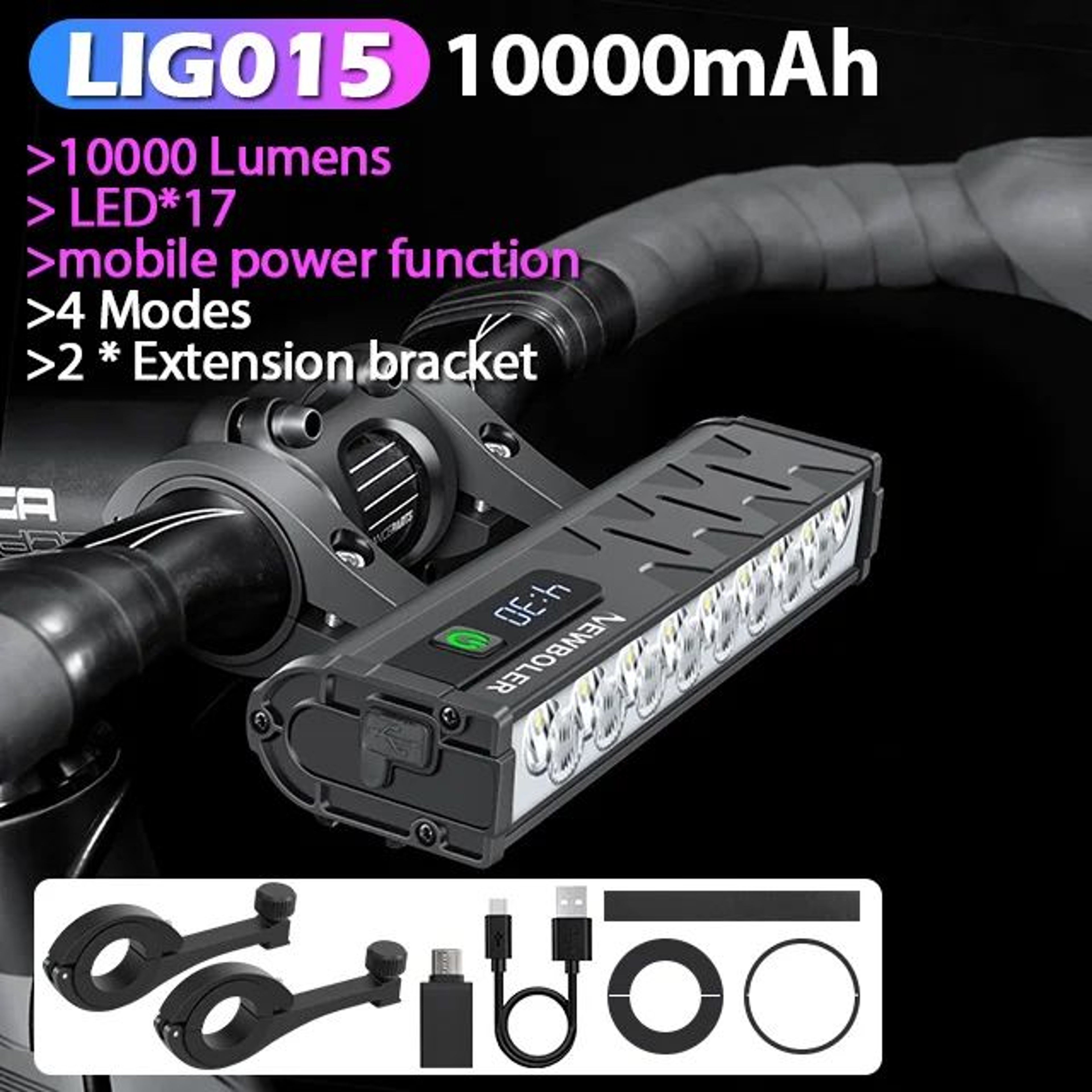 NEWBOLER 10000 Lumen Bike Light 10000mAh USB Rechargeable Waterproof Headlight 10
