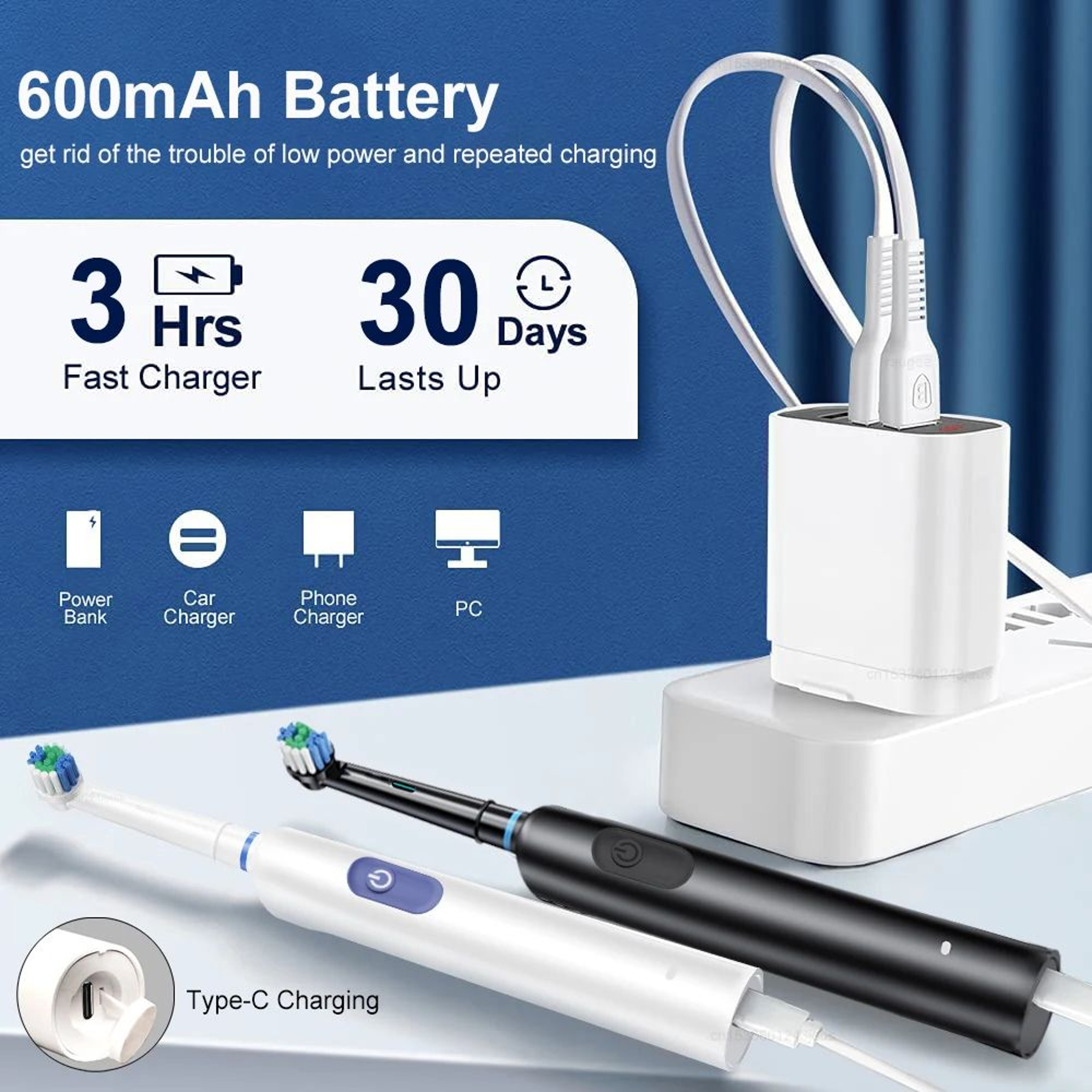 Rotating Electric Toothbrush For Adults Rechargeable Spin Brush With 8 Soft Brush Heads 4