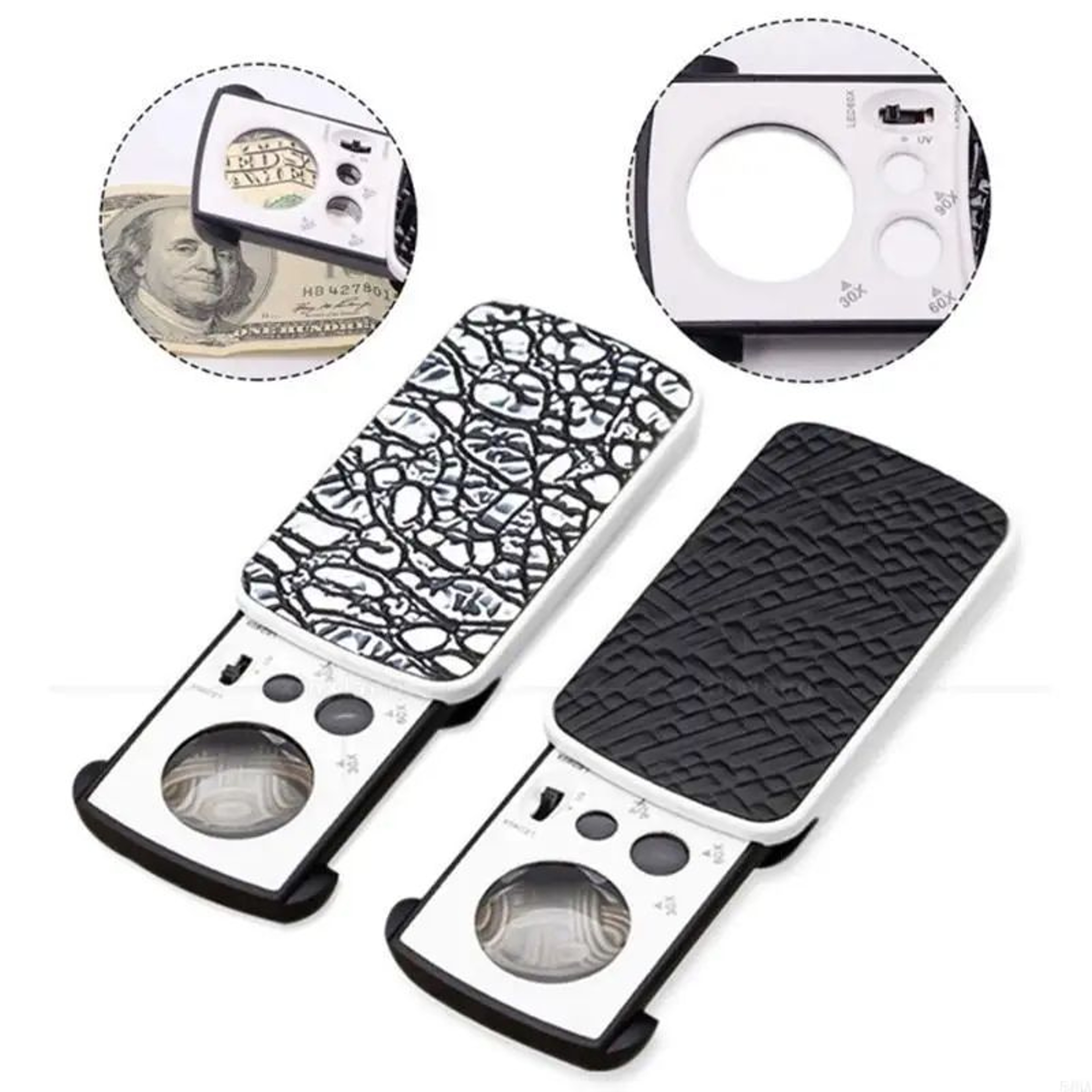 30X60X90X Illuminated Jewelers Loupe Pocket Magnifier With LED  UV Light 3