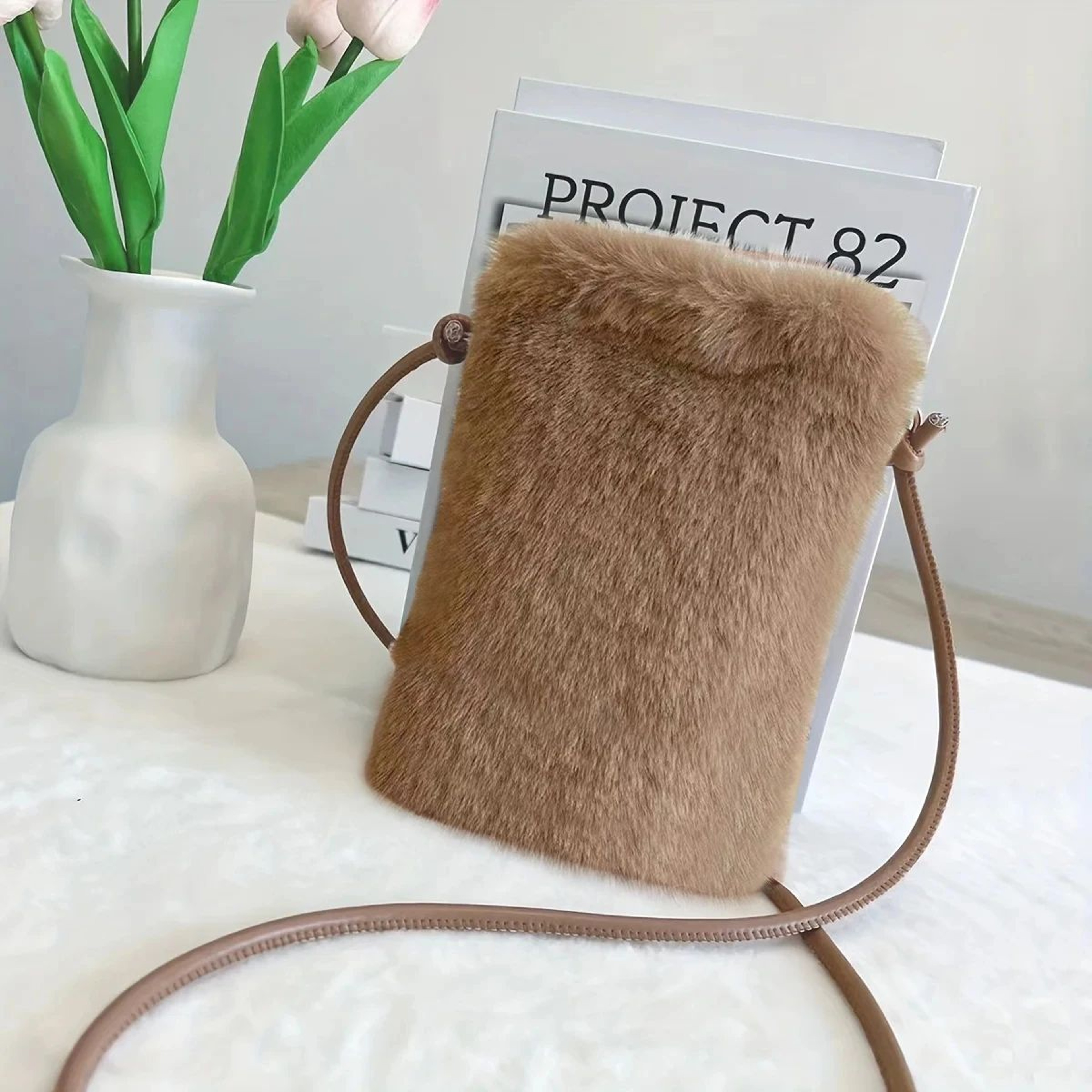 Plush Chic Womens Large Capacity Crossbody Shoulder Bag  Cozy Winter Phone Purse 0