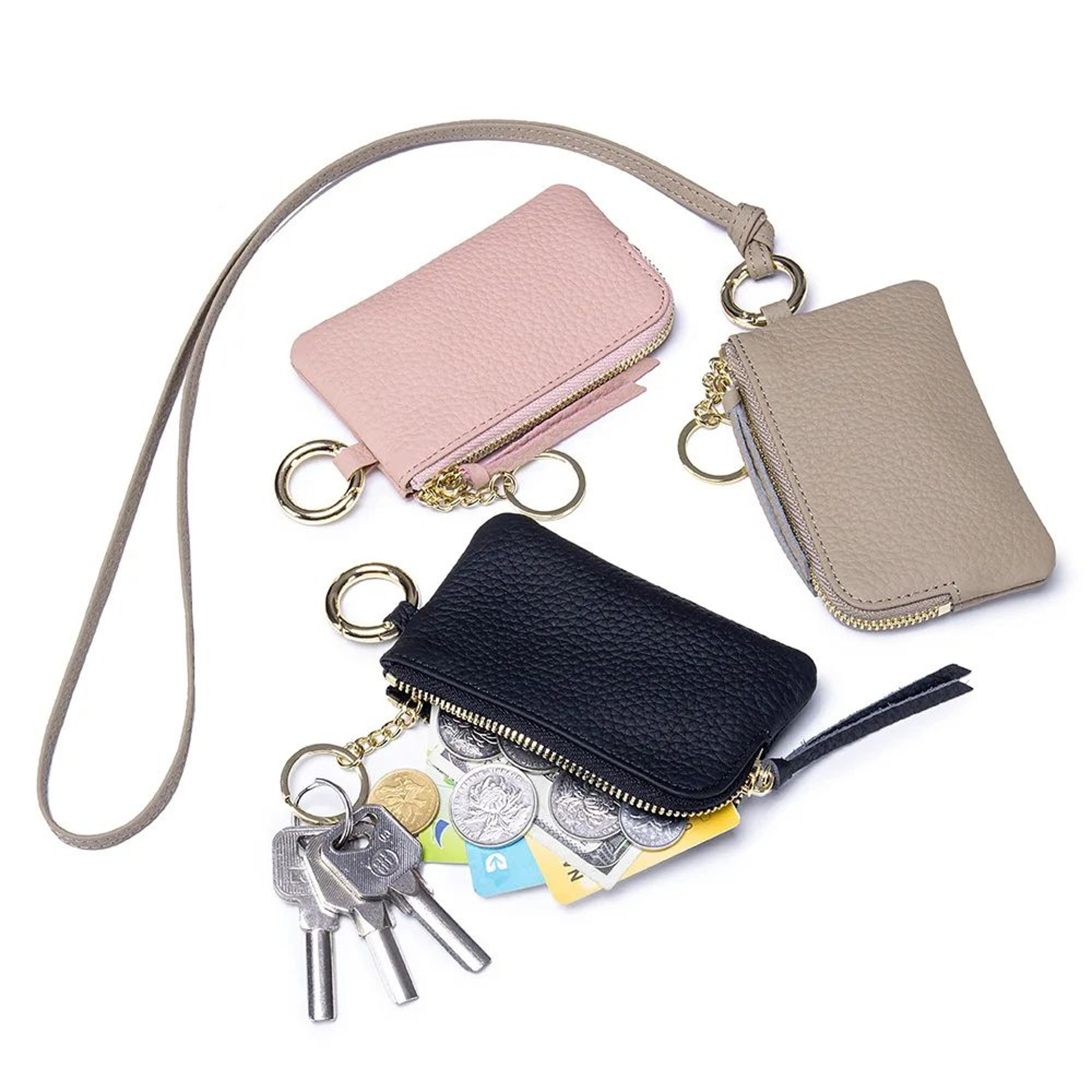 Genuine Leather Keychain Wallet Mini Card Holder With Zipper Coin Pouch 0