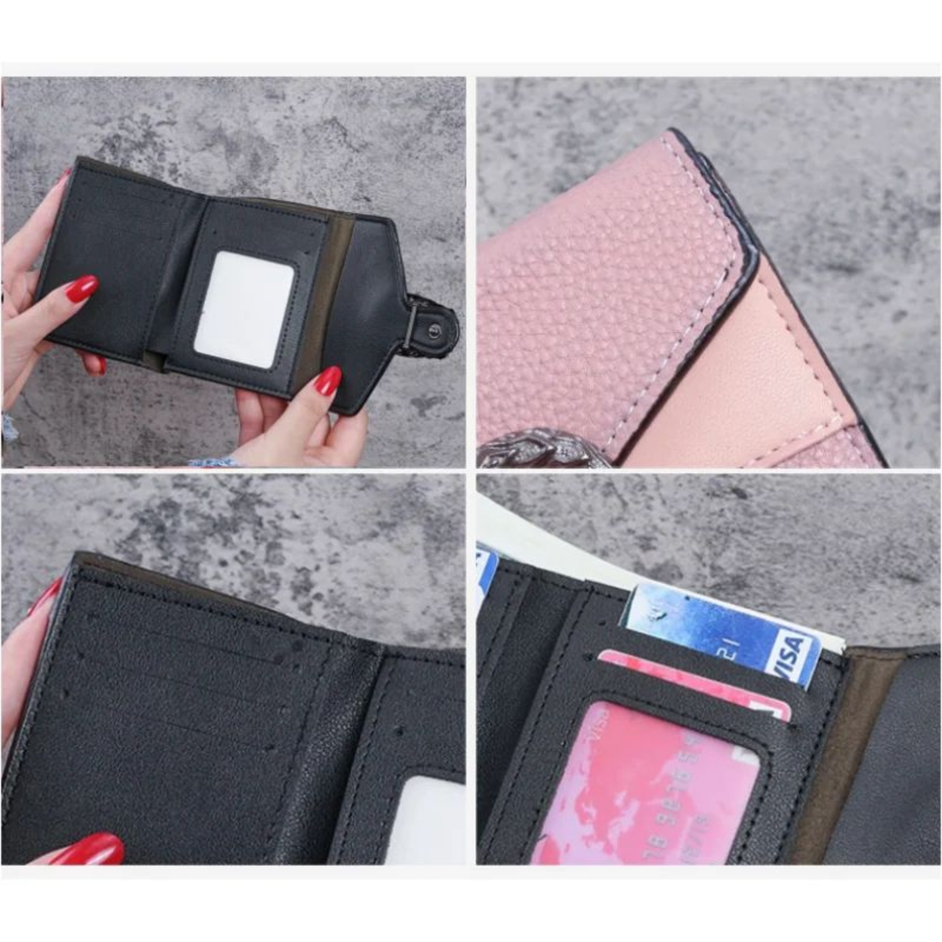 Mini Womens Wallet In Lychee Texture PU Leather  Small Bifold Wallet With Coin Pocket  Card Slots 0