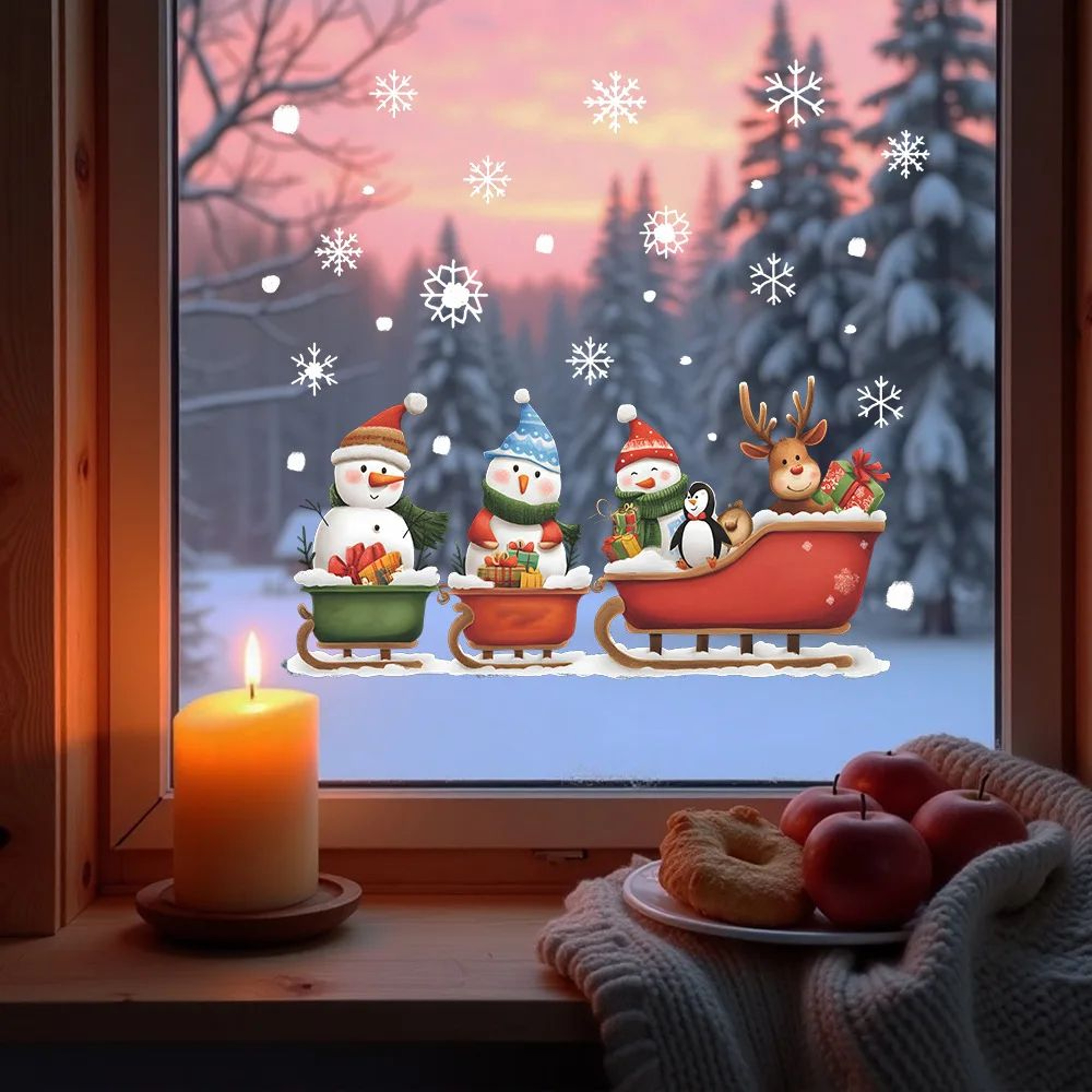 Festive Snowman Christmas Window Stickers  Snowflake Wall Decals  Holiday Window Decorations Set 3