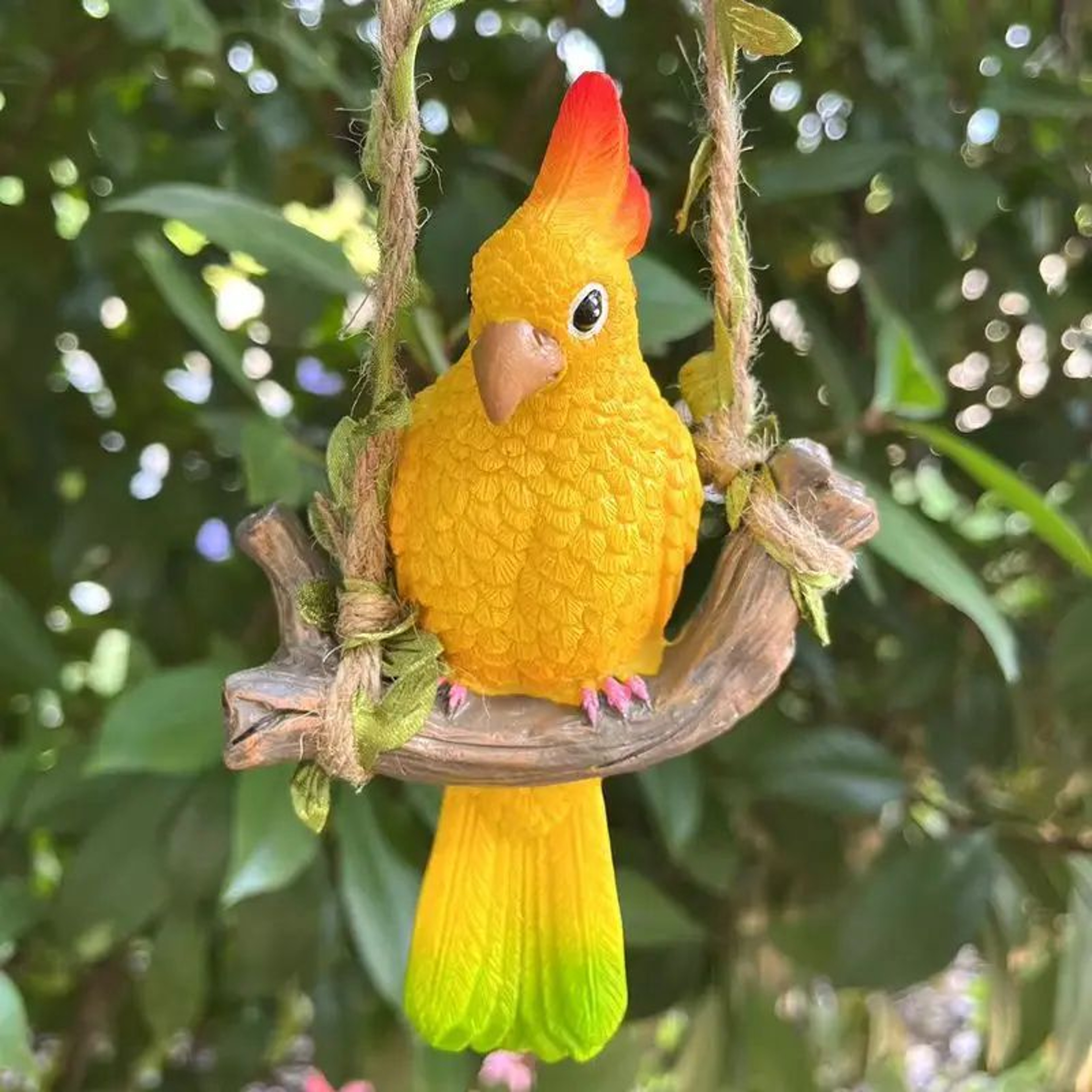 Tropical Parrot Garden Hanging Statue  Resin Outdoor Animal Decor With Wooden Swing 0