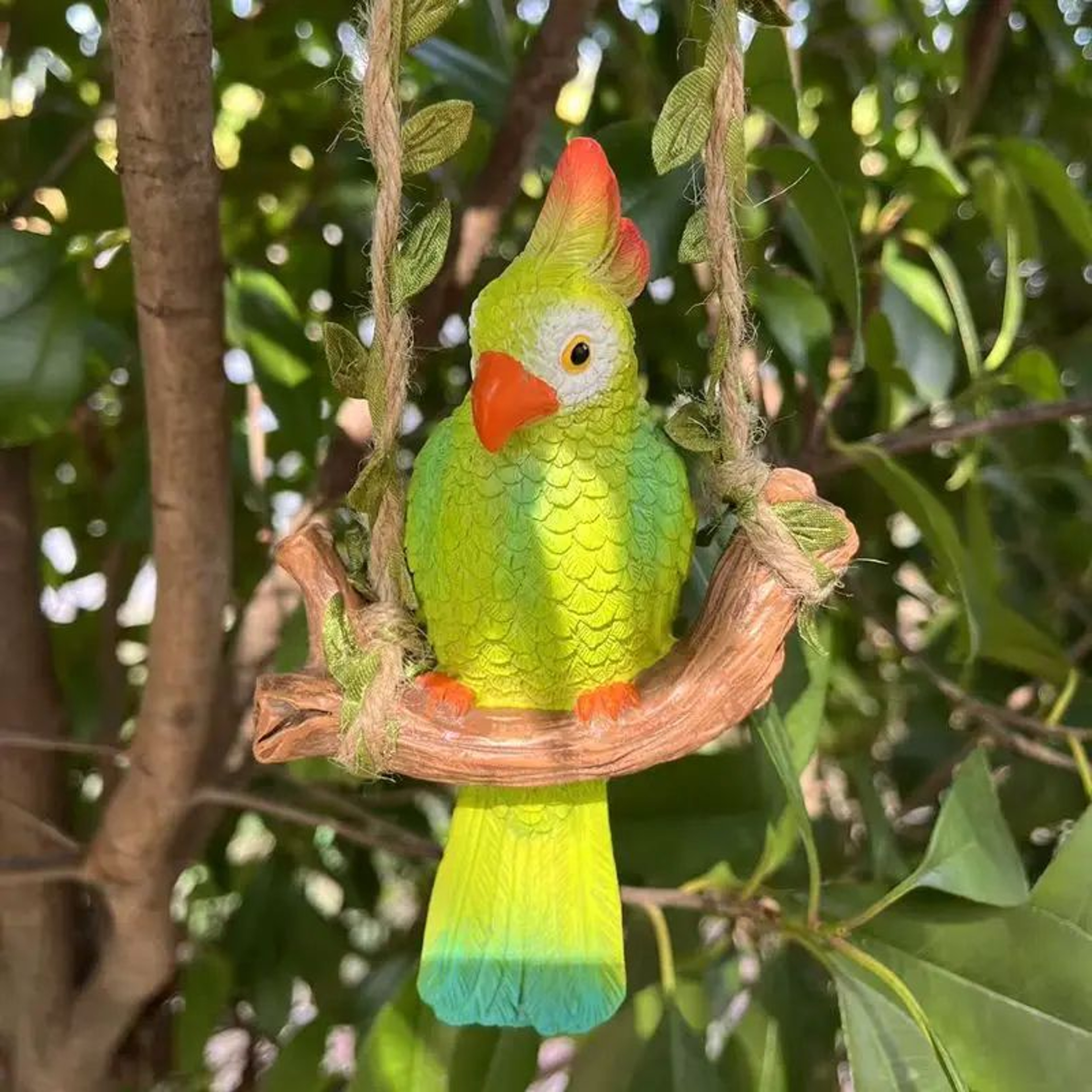 Tropical Parrot Garden Hanging Statue  Resin Outdoor Animal Decor With Wooden Swing 3