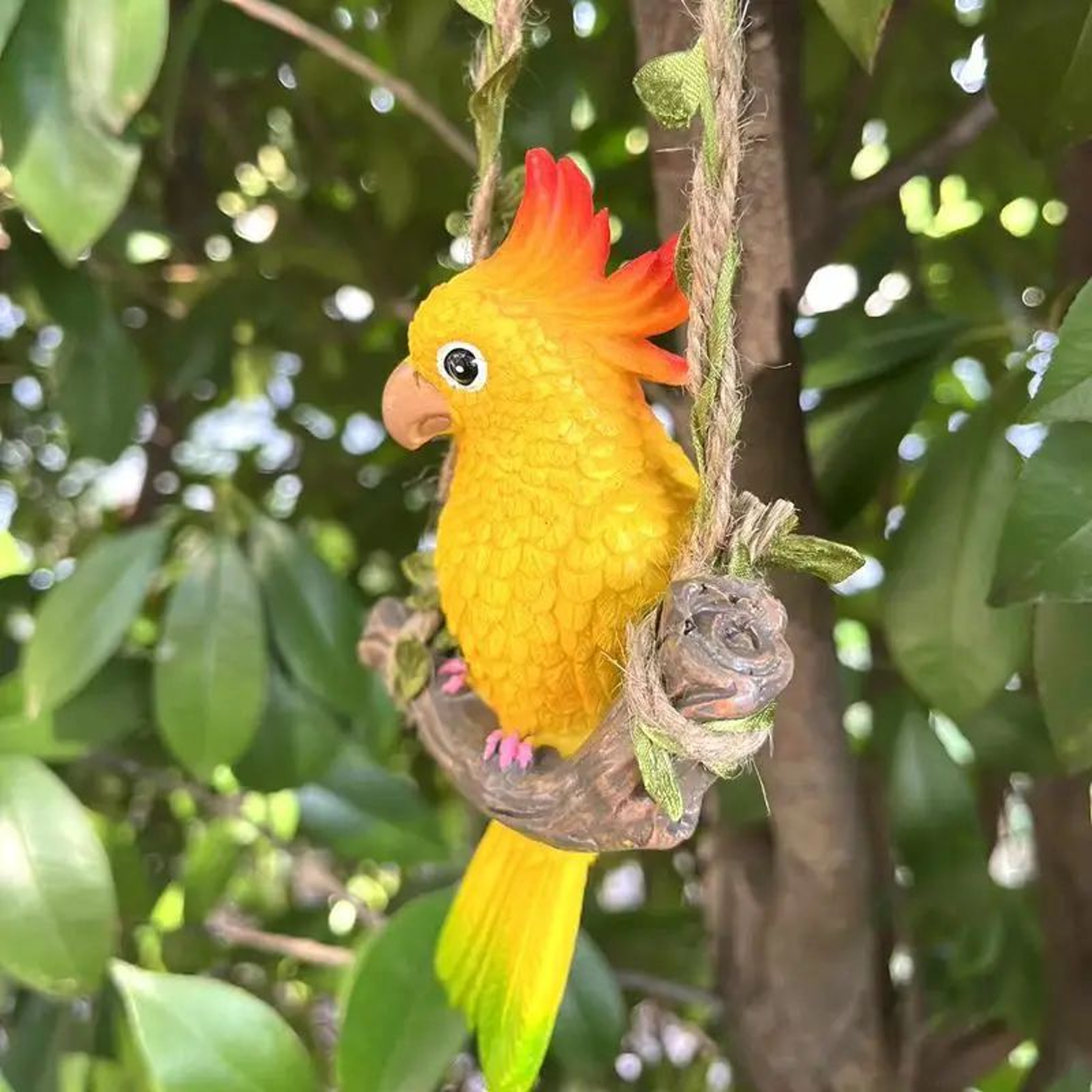 Tropical Parrot Garden Hanging Statue  Resin Outdoor Animal Decor With Wooden Swing 5