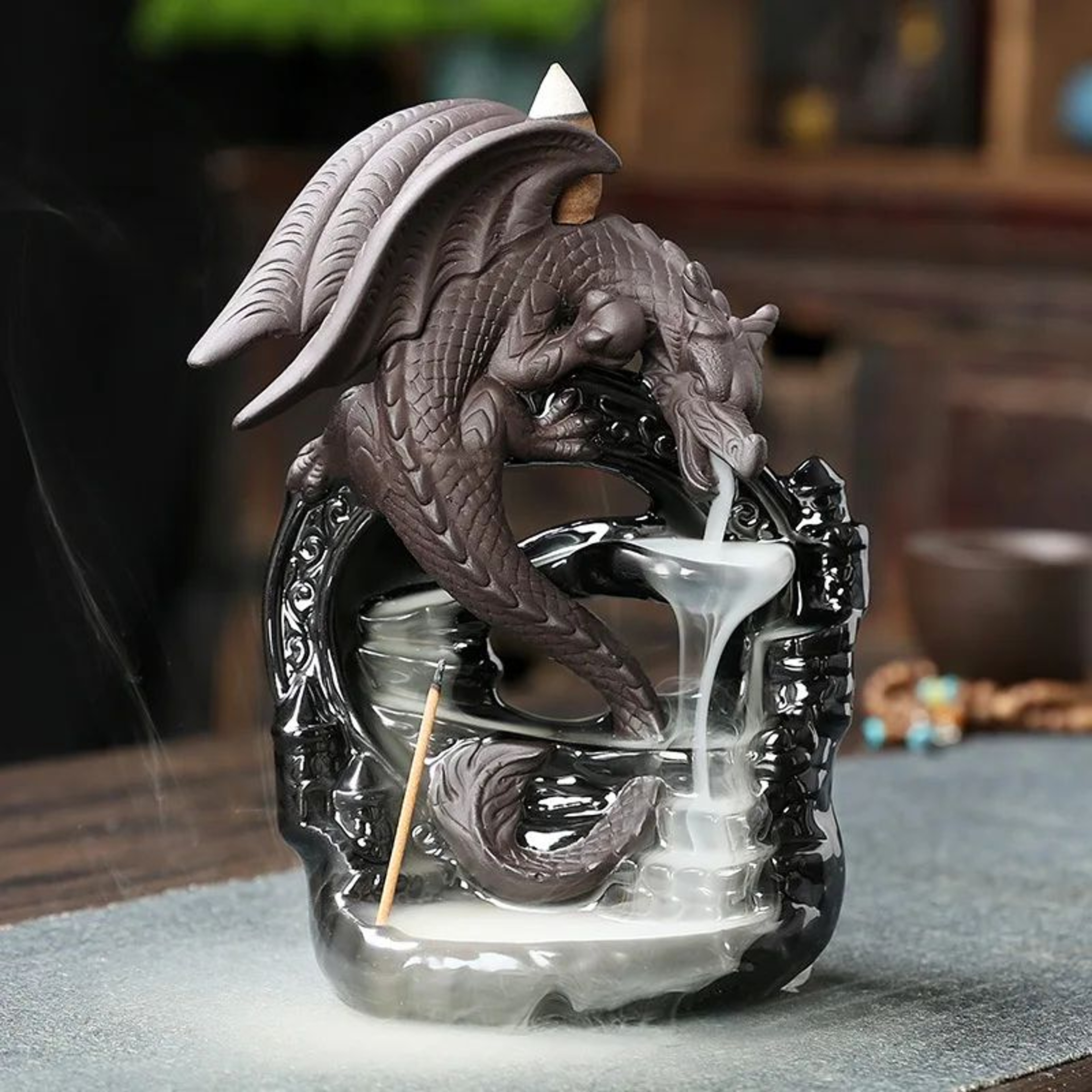 Vintage Dragon Smoke Waterfall Incense Holder  Ceramic Backflow Aromatherapy Tabletop Decor 0
