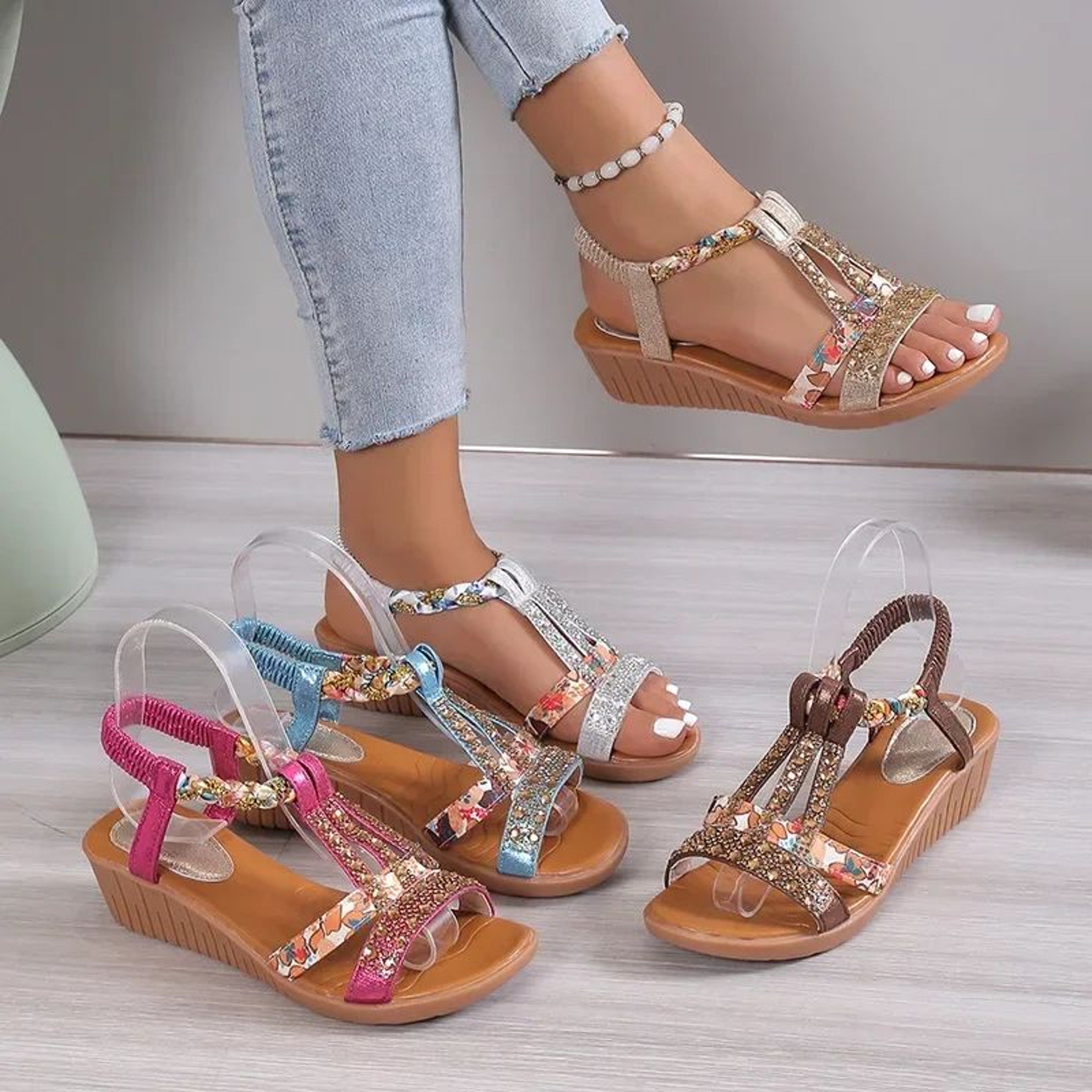 Bohemian Rhinestone Wedge Sandals For Women  Summer Platform Peep Toe Comfort Shoes 1