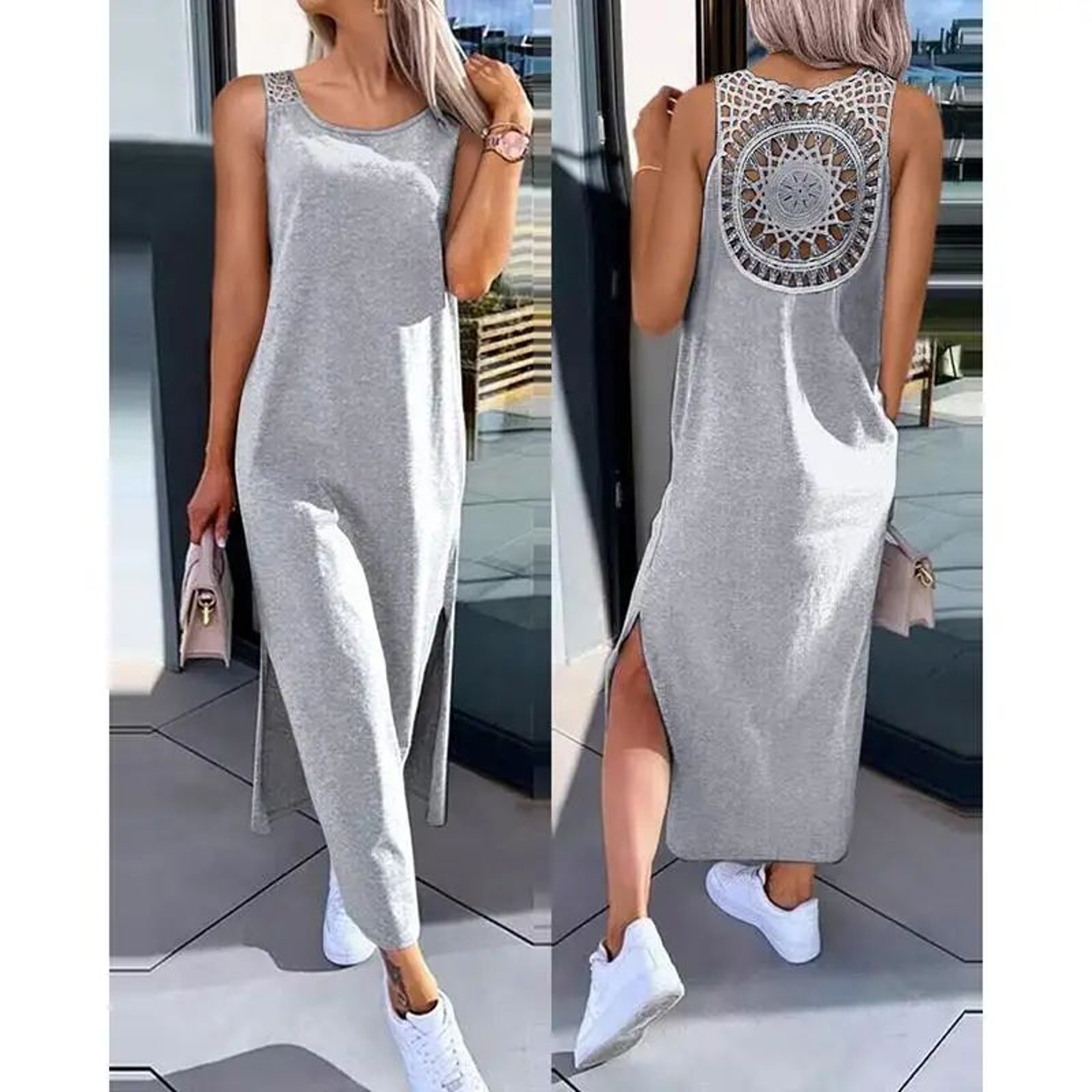 Elegant Summer Sleeveless Womens Summer Dress  Casual Solid Slit Midi Dress 1