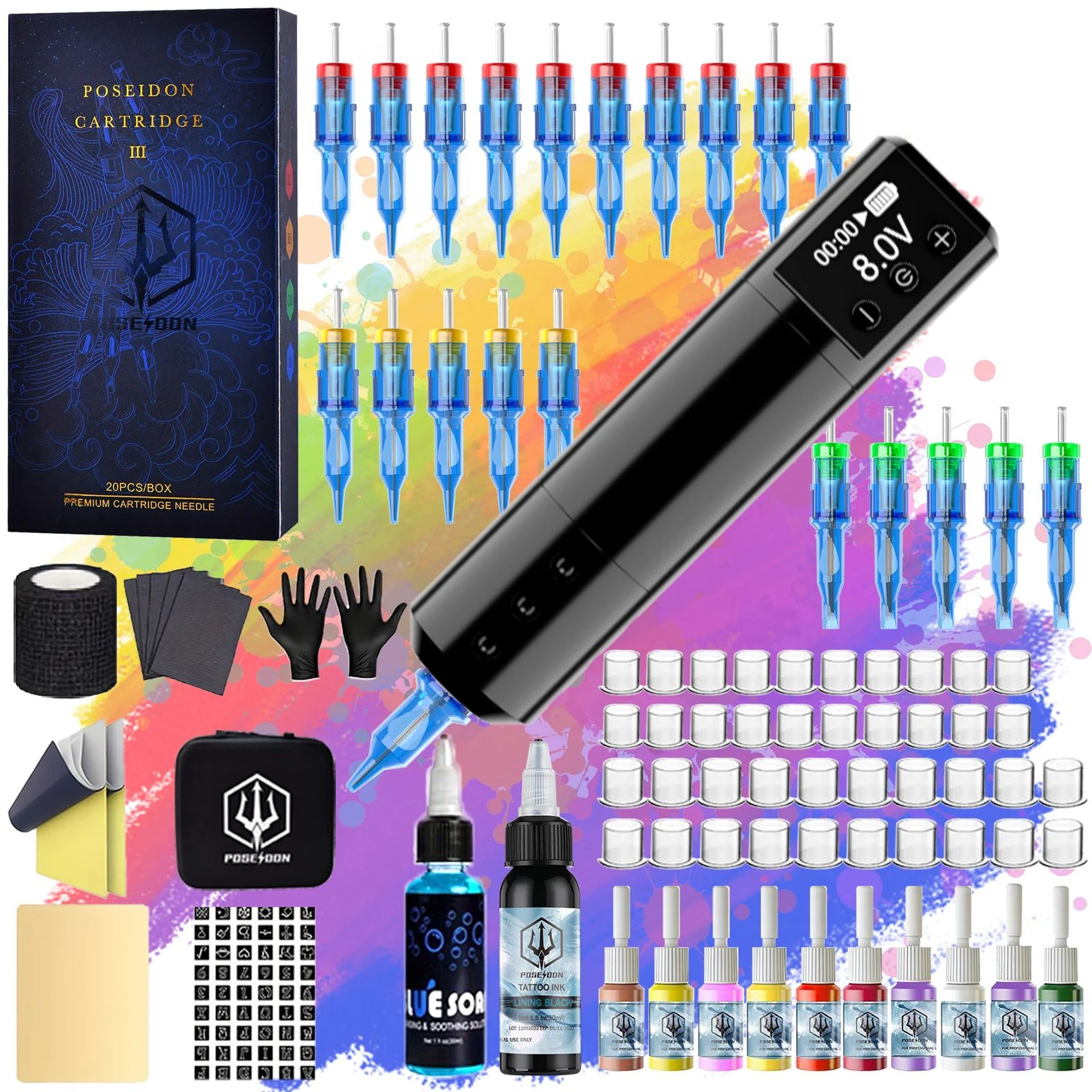 POSEIDON New Memory Wireless Tattoo Pen Tattoo Machine Kit With Cordless Power Supply 10