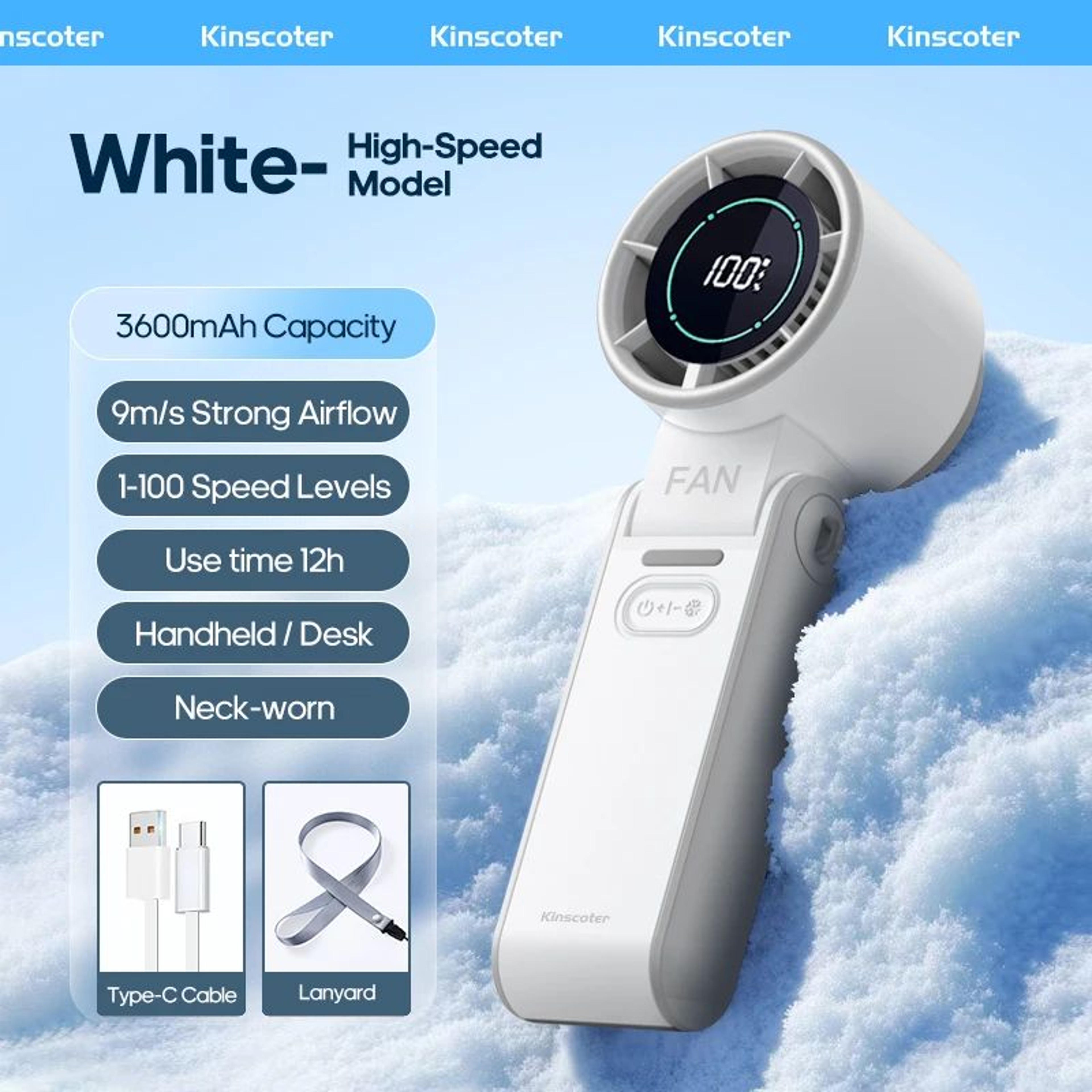 KINSCOTER UltraCool Portable Handheld Fan  Foldable Rechargeable 3600mAh Personal Cooling Power 9