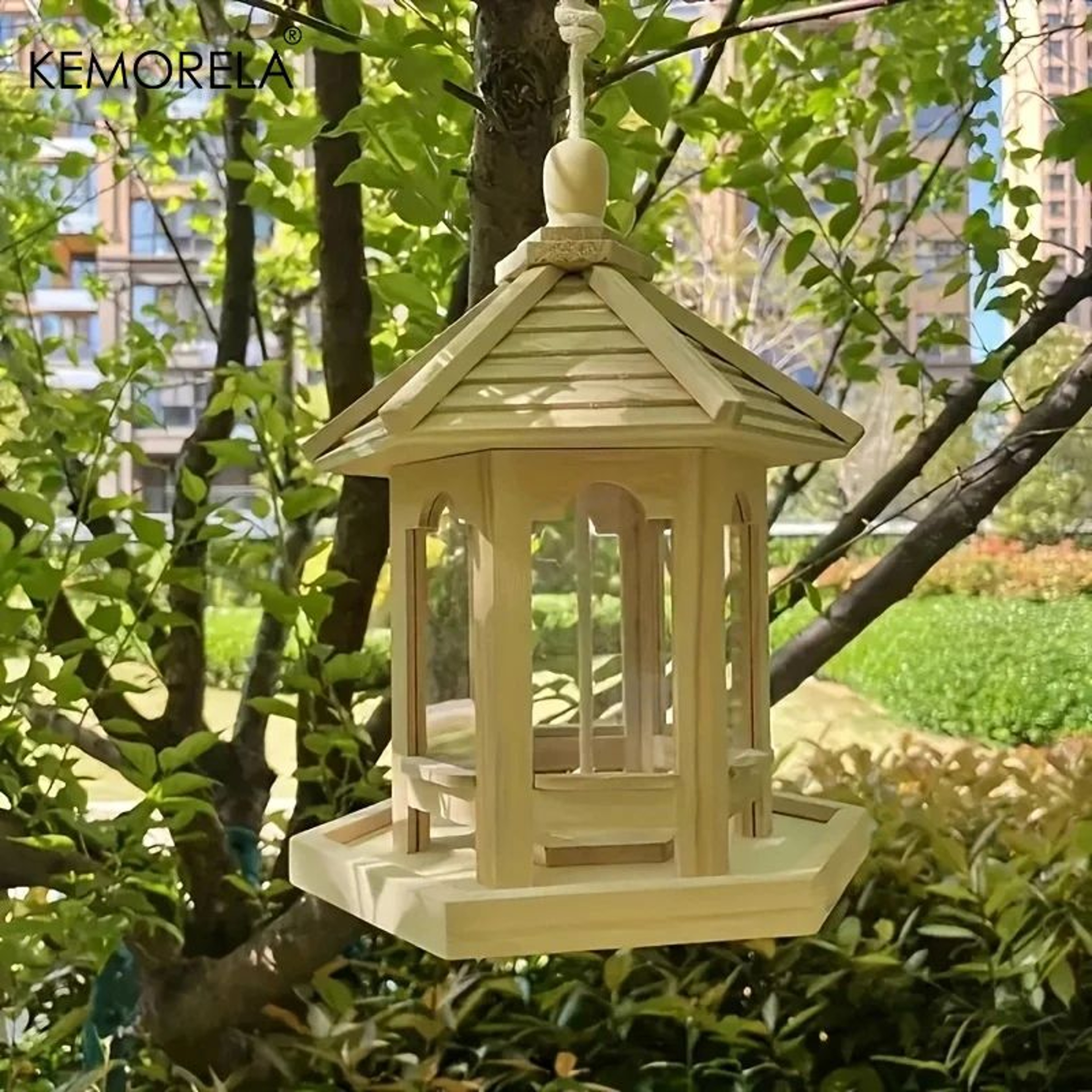 KEMORELA Woven Wooden Hanging Bird Feeder House For Outdoor Garden Decor 0