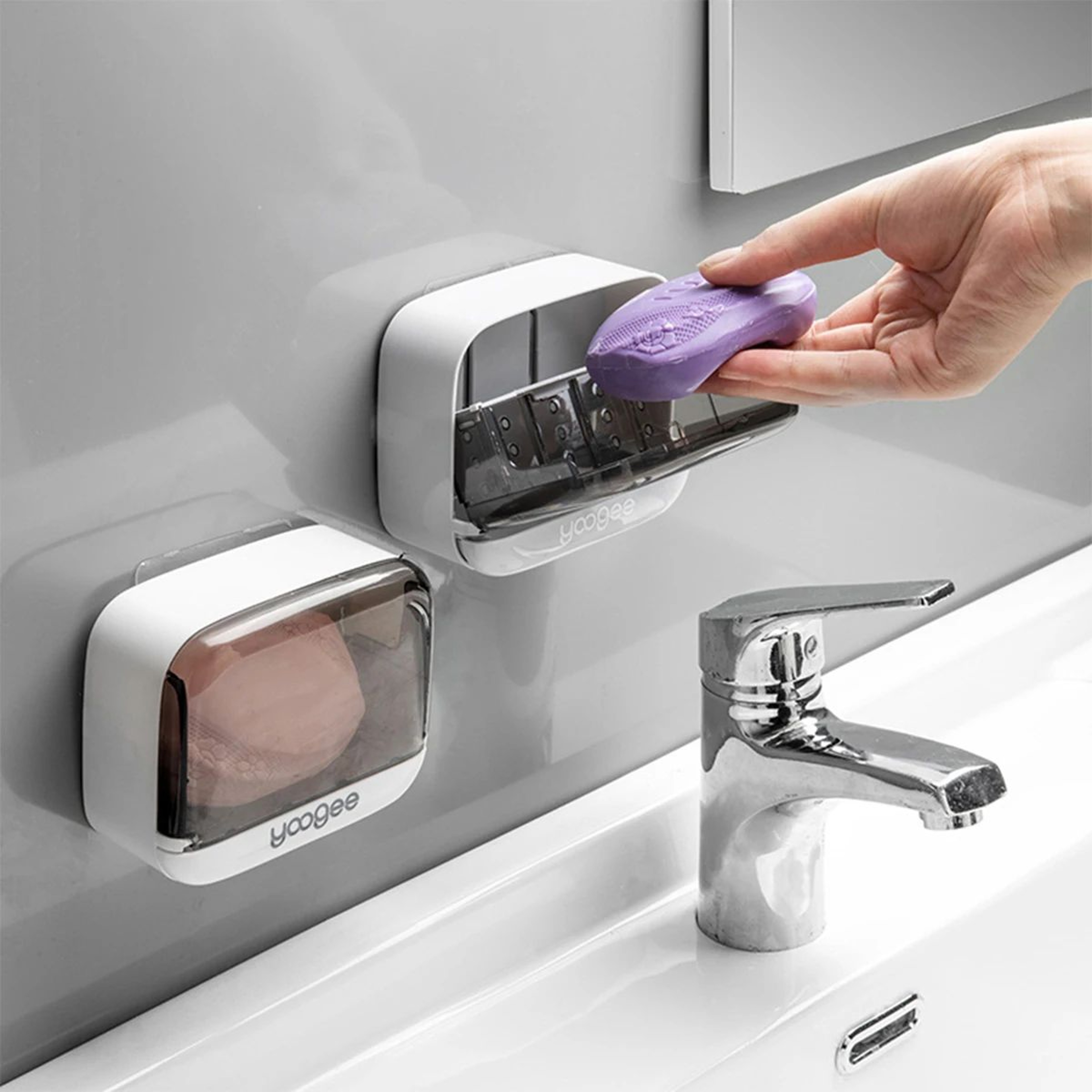FlipLid Wall Mounted Soap Holder With Drain Tray SelfAdhesive Soap Dish Organizer 2