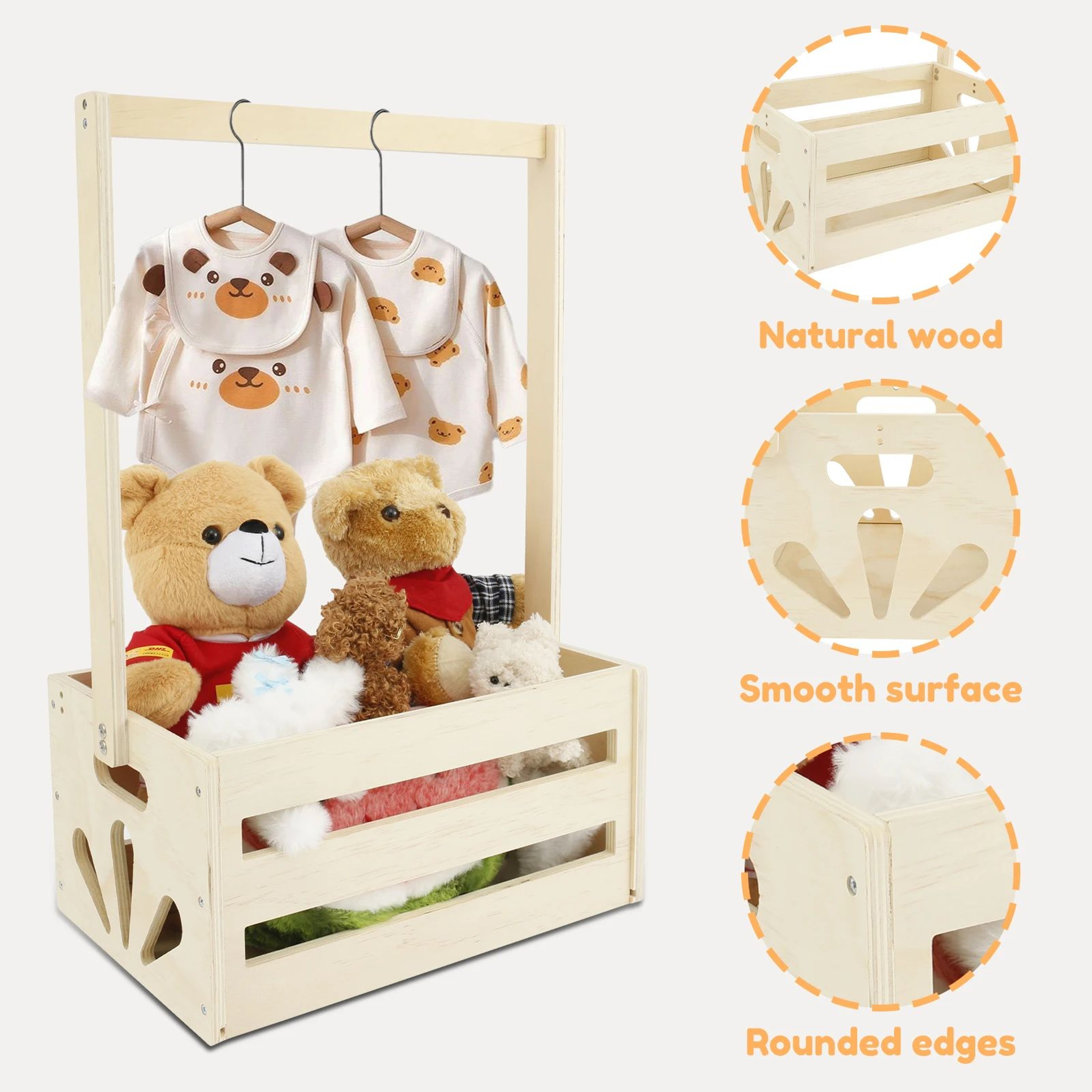 Wood Storage Crate With Long Handle  Portable Nursery Storage Basket  Wooden Toy Storage Bin 2