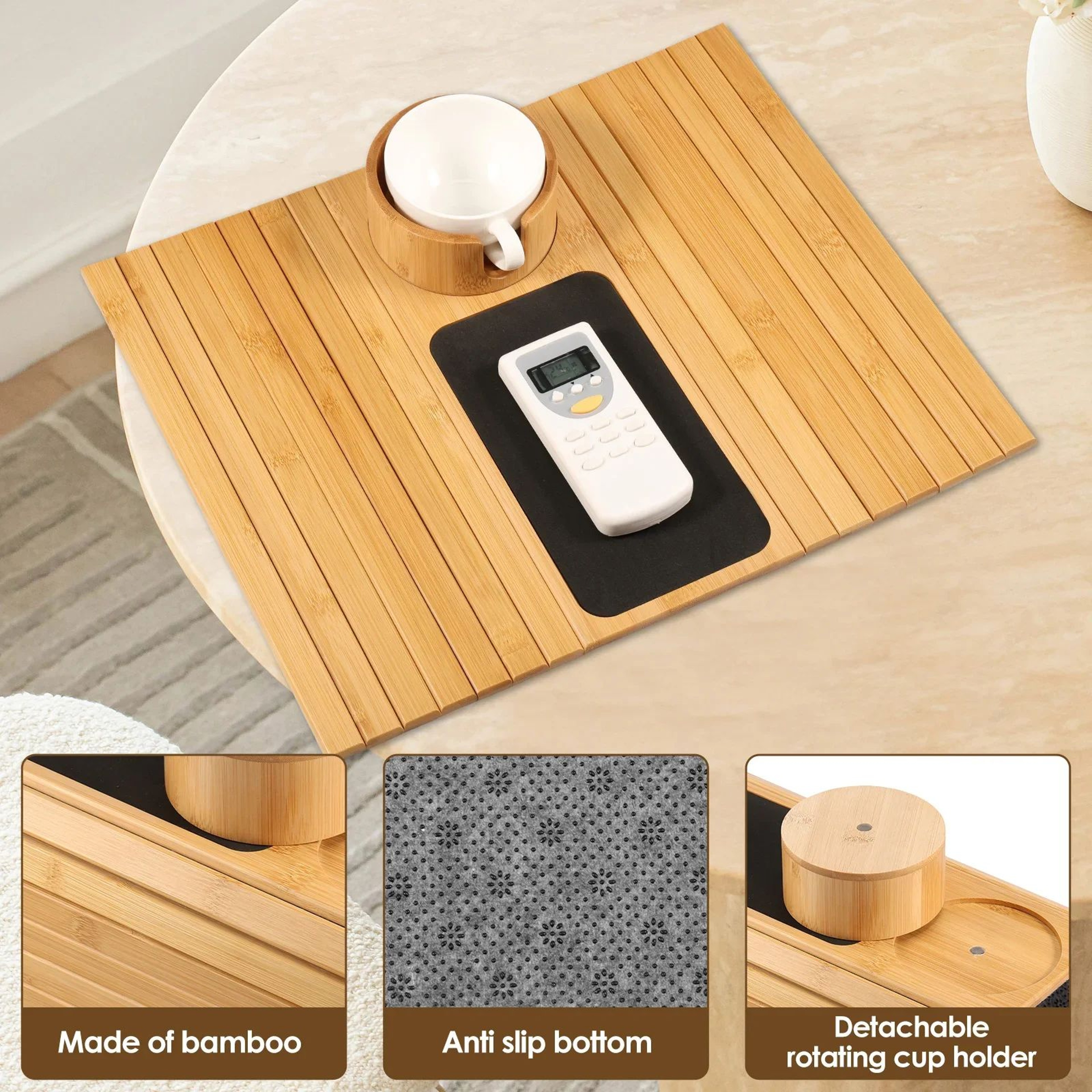 Premium 3in1 Bamboo Sofa Armrest Tray  Couch Cup Holder Tray  Foldable Multifunctional Armrest Cadd 3