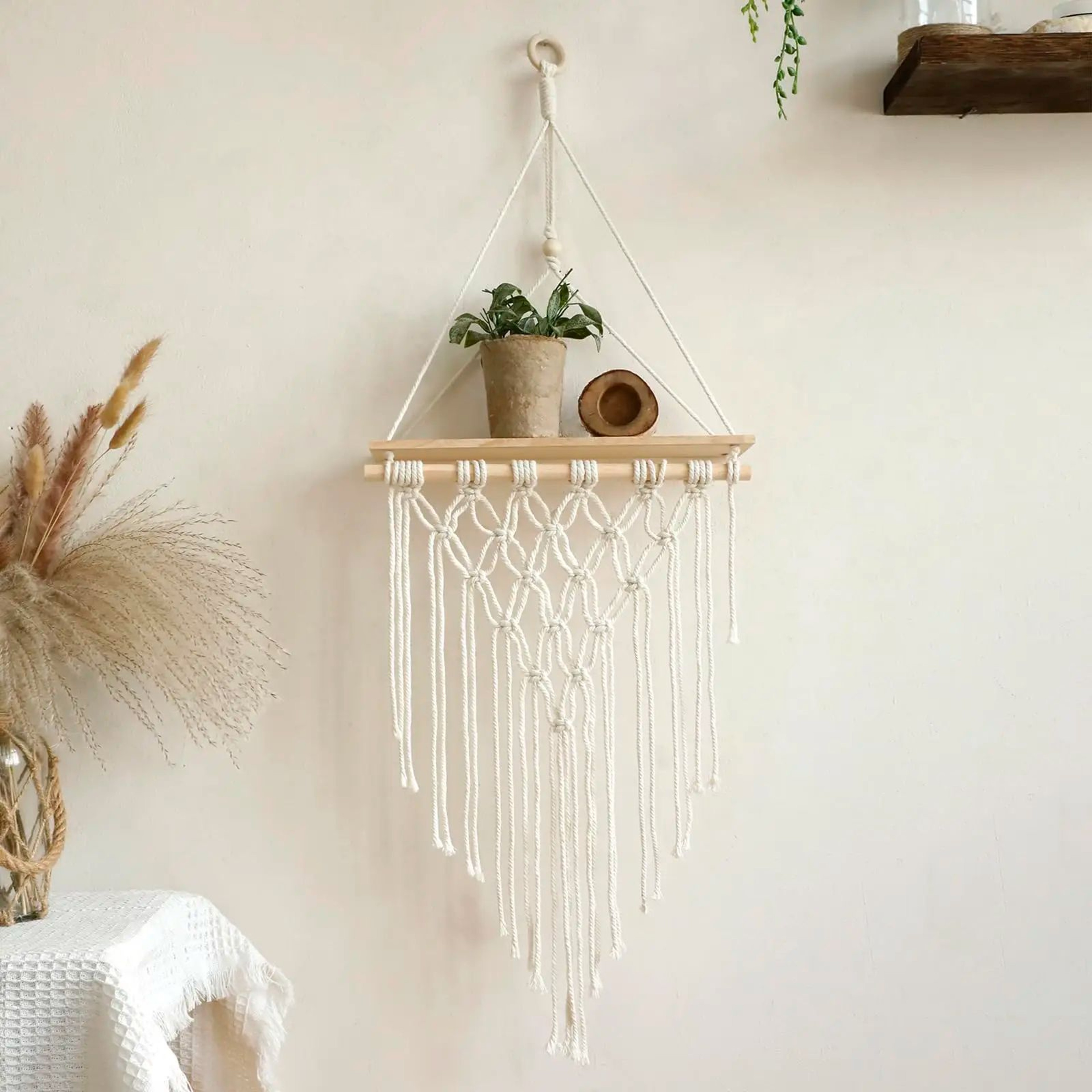 Boho Macrame Wall Hanging Shelf  Floating Wooden Decor Shelf For Bedroom  Living Room 1