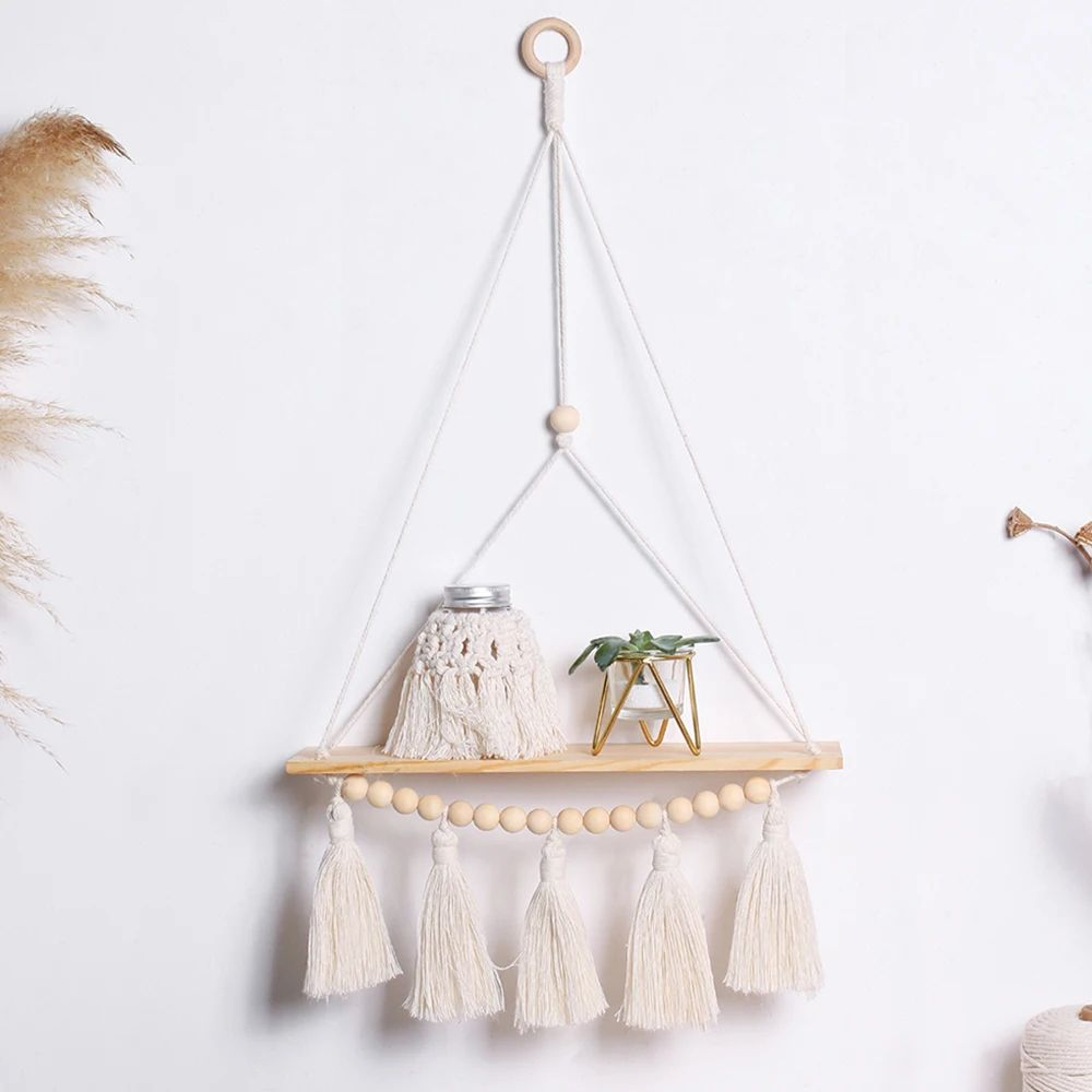 Boho Macrame Wall Hanging Shelf  Floating Wooden Decor Shelf For Bedroom  Living Room 2
